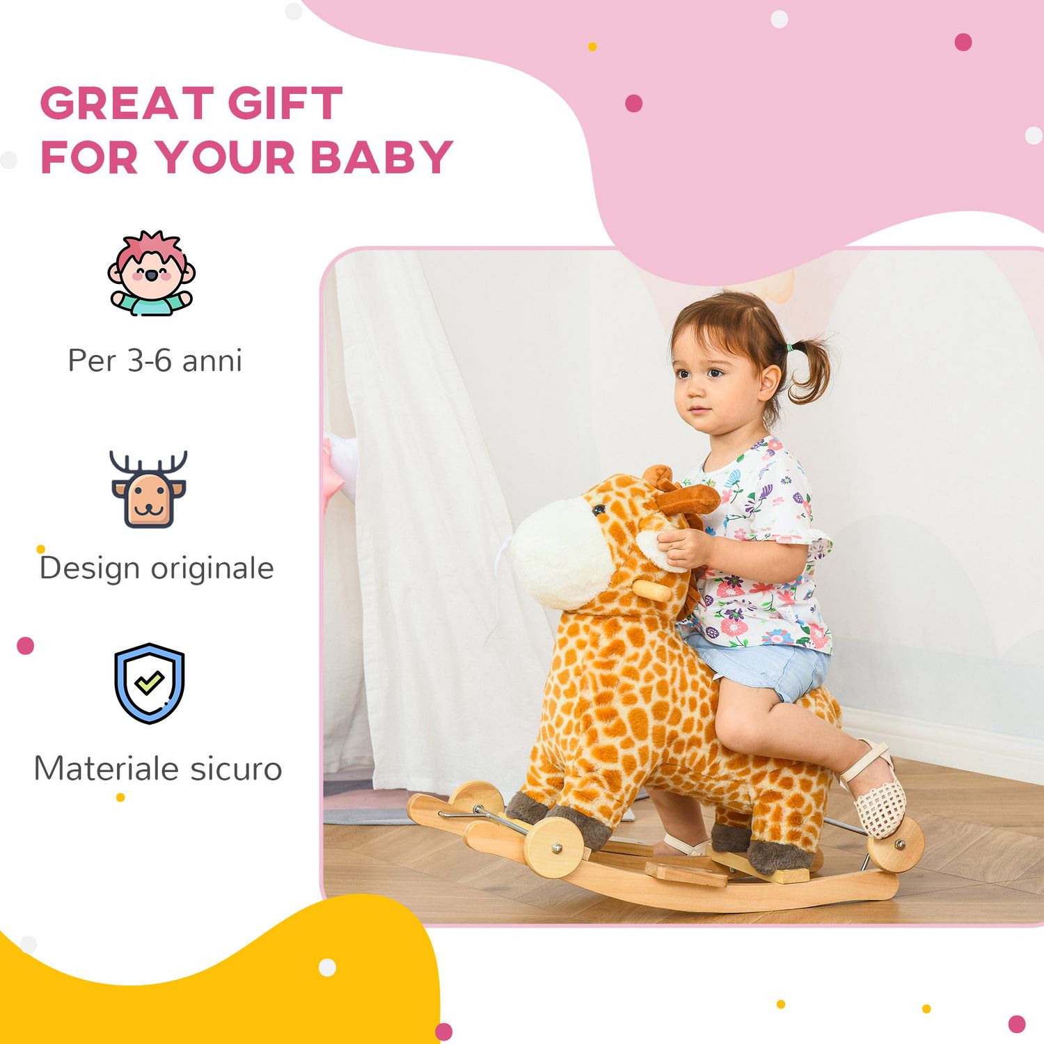 Cavallo a dondolo per bambini 3-6 anni a giraffa con ruote e suoni, 63x38x63cm, giallo - 