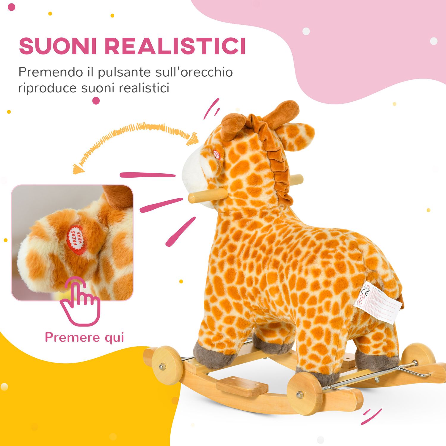 Cavallo a dondolo per bambini 3-6 anni a giraffa con ruote e suoni, 63x38x63cm, giallo - 