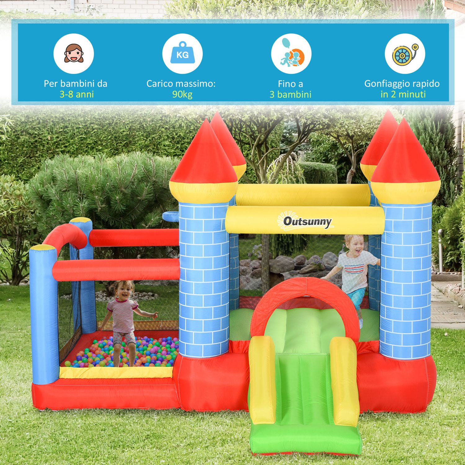 Castello gonfiabile gigante e rimbalzante per bambini 3-8 anni con scivolo, piscina e canestro, 280cmx260cmx210cm - 