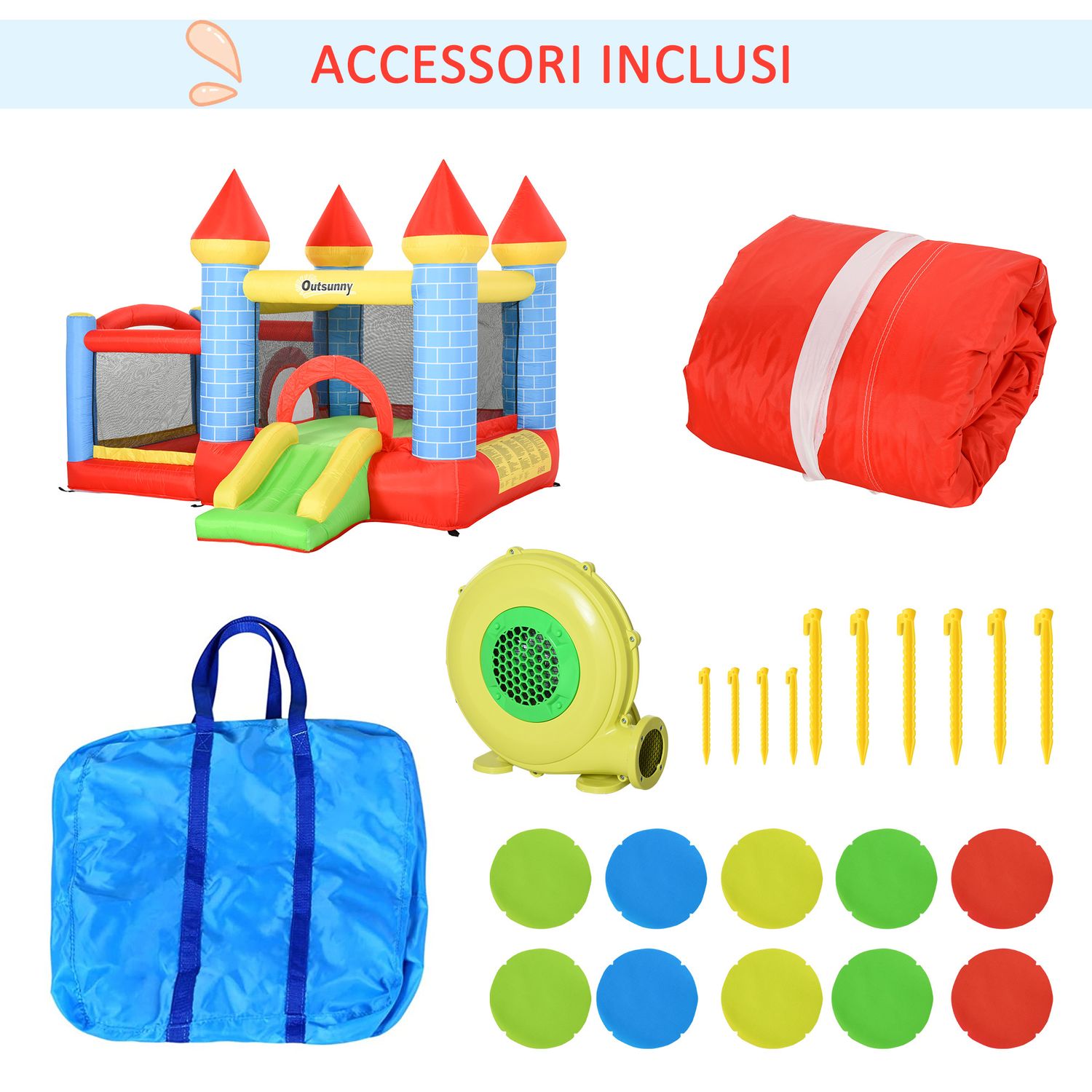 Castello gonfiabile gigante e rimbalzante per bambini 3-8 anni con scivolo, piscina e canestro, 280cmx260cmx210cm - 