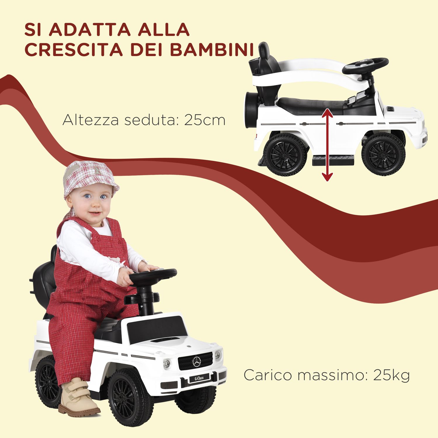 Macchina a spinta per bambini 12-36 mesi con licenza mercedes, tettuccio e maniglia di spinta, 85.5x40.5x95 cm, bianco - 