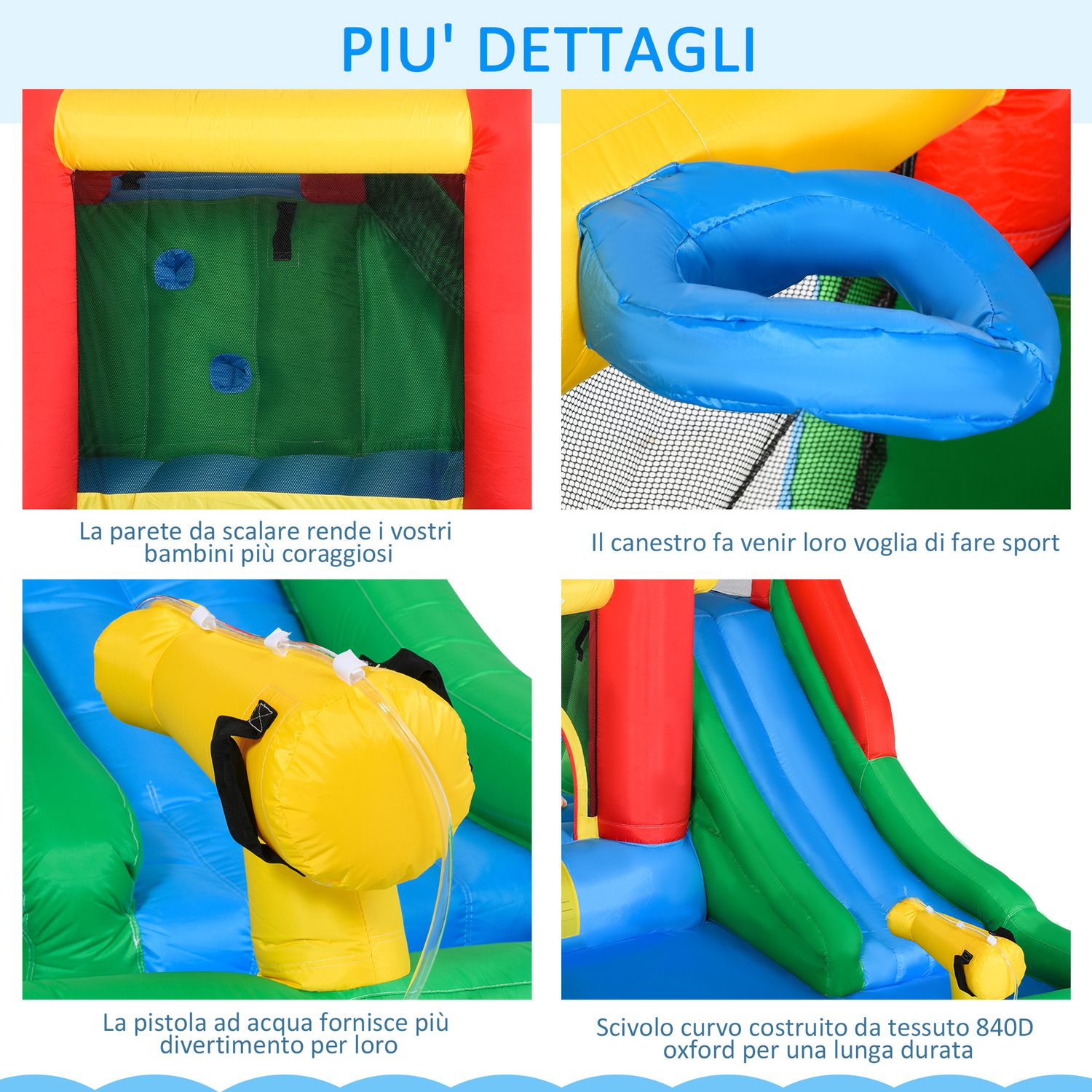 Gioco gonfiabile per bambini 3-8 anni con scivolo, trampolino, piscina, max 4 bambini, 330x245x215cm - 