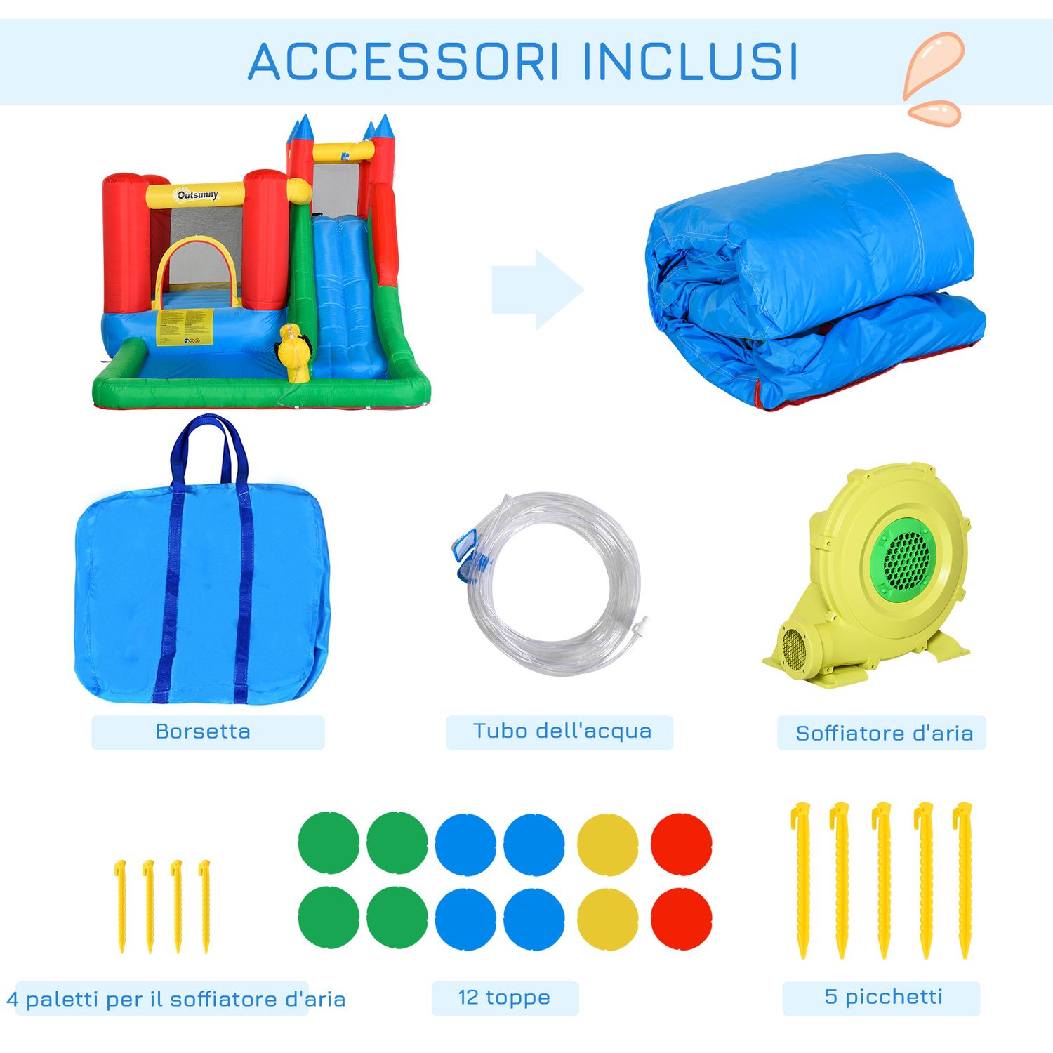 Gioco gonfiabile per bambini 3-8 anni con scivolo, trampolino, piscina, max 4 bambini, 330x245x215cm - 