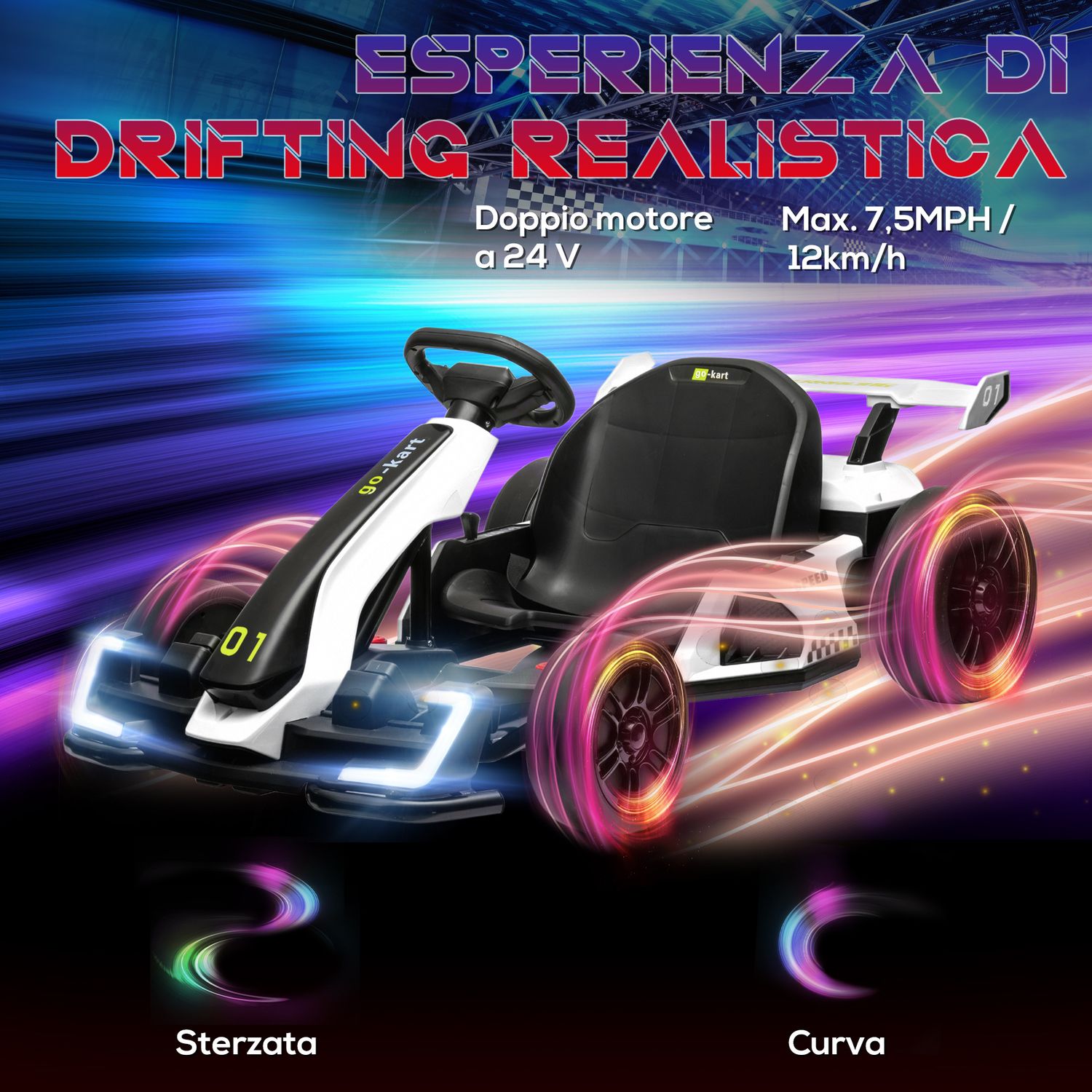 Go kart elettrico per bambini 6-12 anni 24v 12km/h con seggiolino regolabile, bianco - 