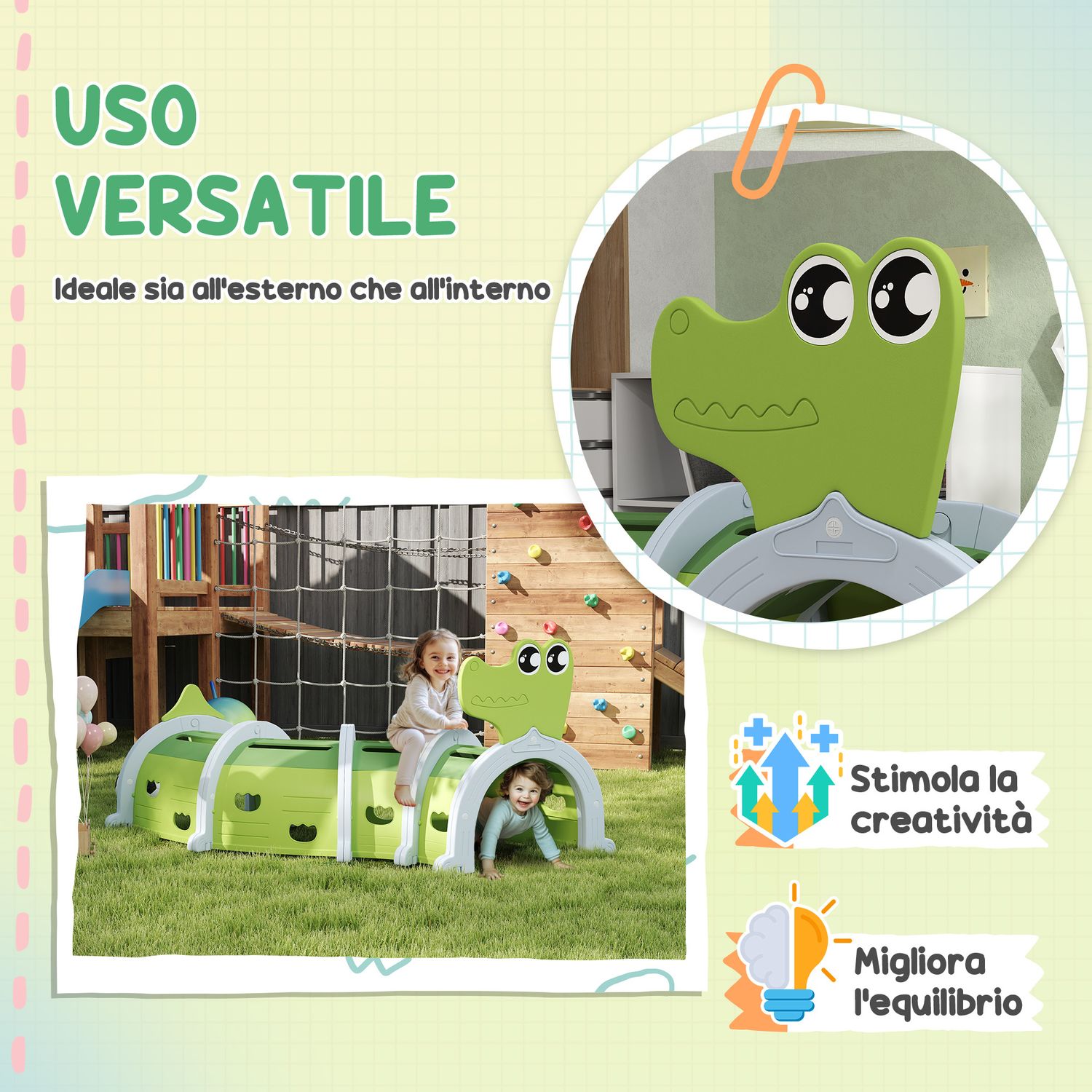 Tunnel per bambini 3-6 anni a forma di coccodrillo, gioco per interno ed esterno in plastica, verde - 