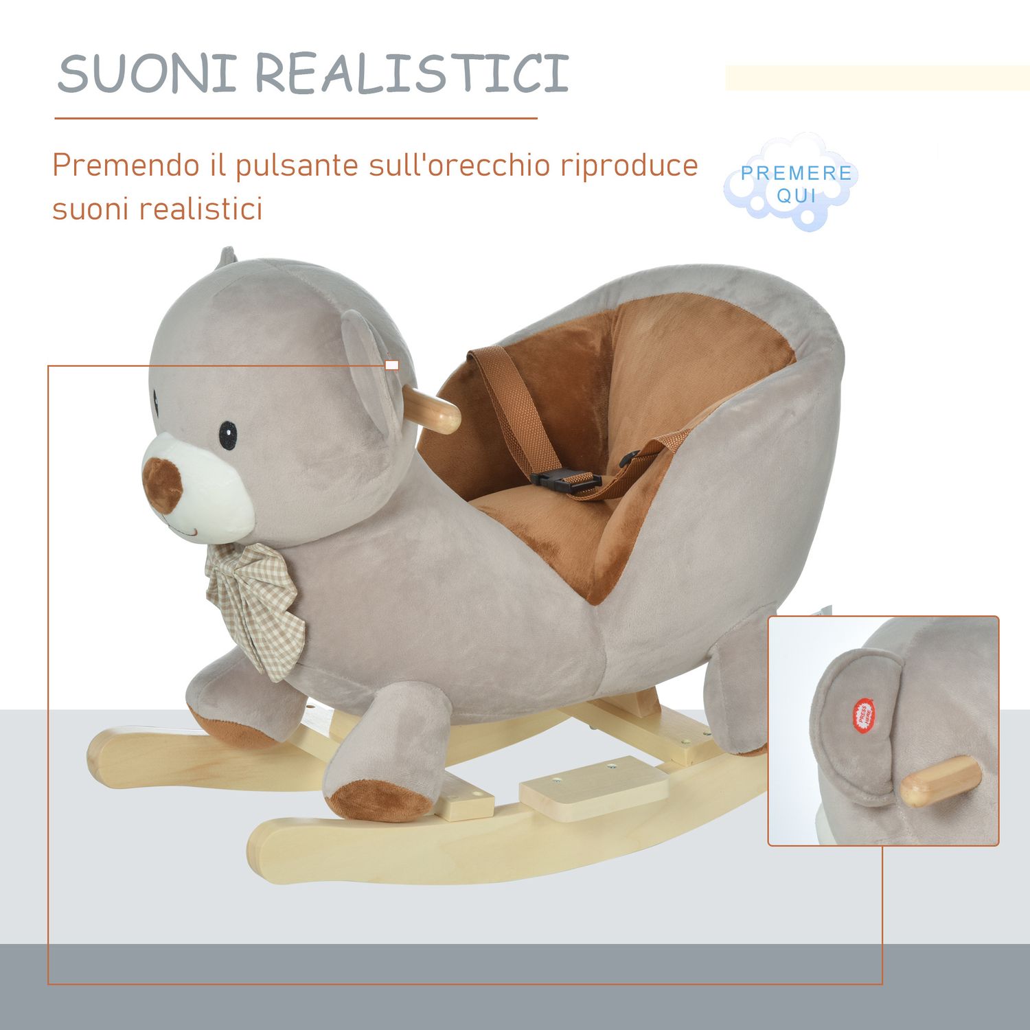 Cavallo a dondolo a forma di orso con suoni, cavalluccio a dondolo per bambini 18-36 mesi interattivo, grigio, 60x33x50cm - 