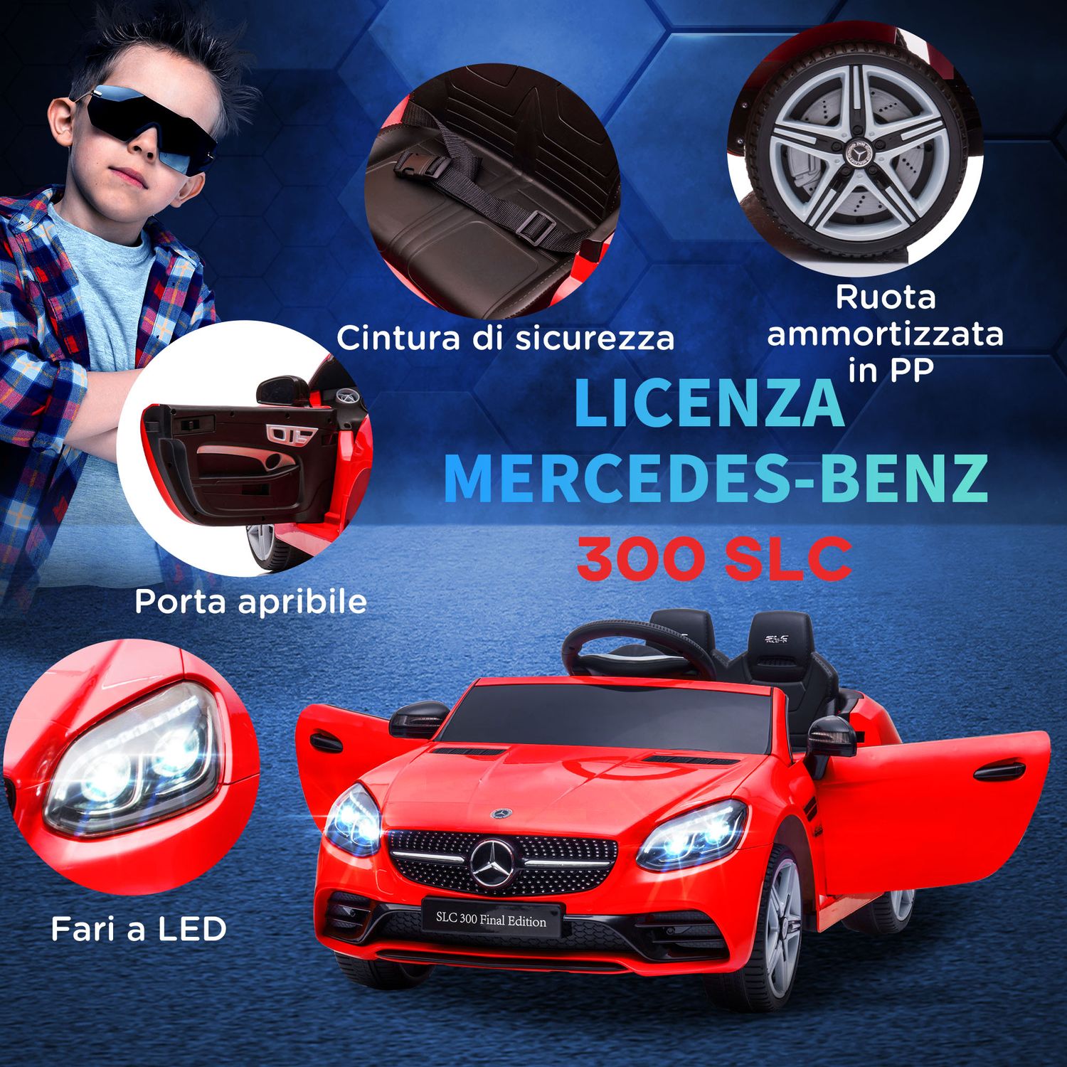 Macchina elettrica per bambini licenza mercedes slc 300 con telecomando, in pp e metallo, 107x62.5x44 cm, rosso - 