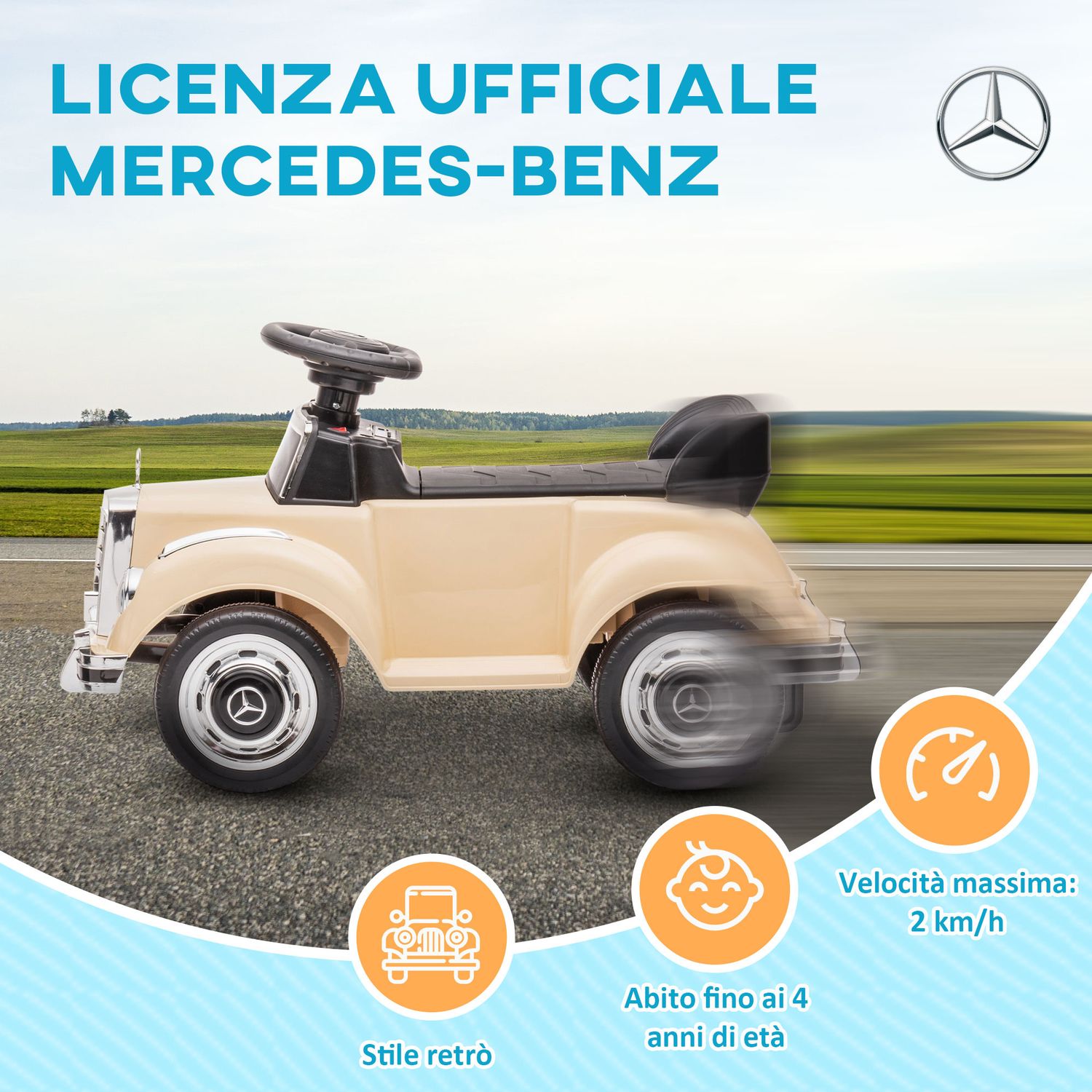 Macchina elettrica per bambini 18-48 mesi licenza mercedes-benz con musica, beige - 