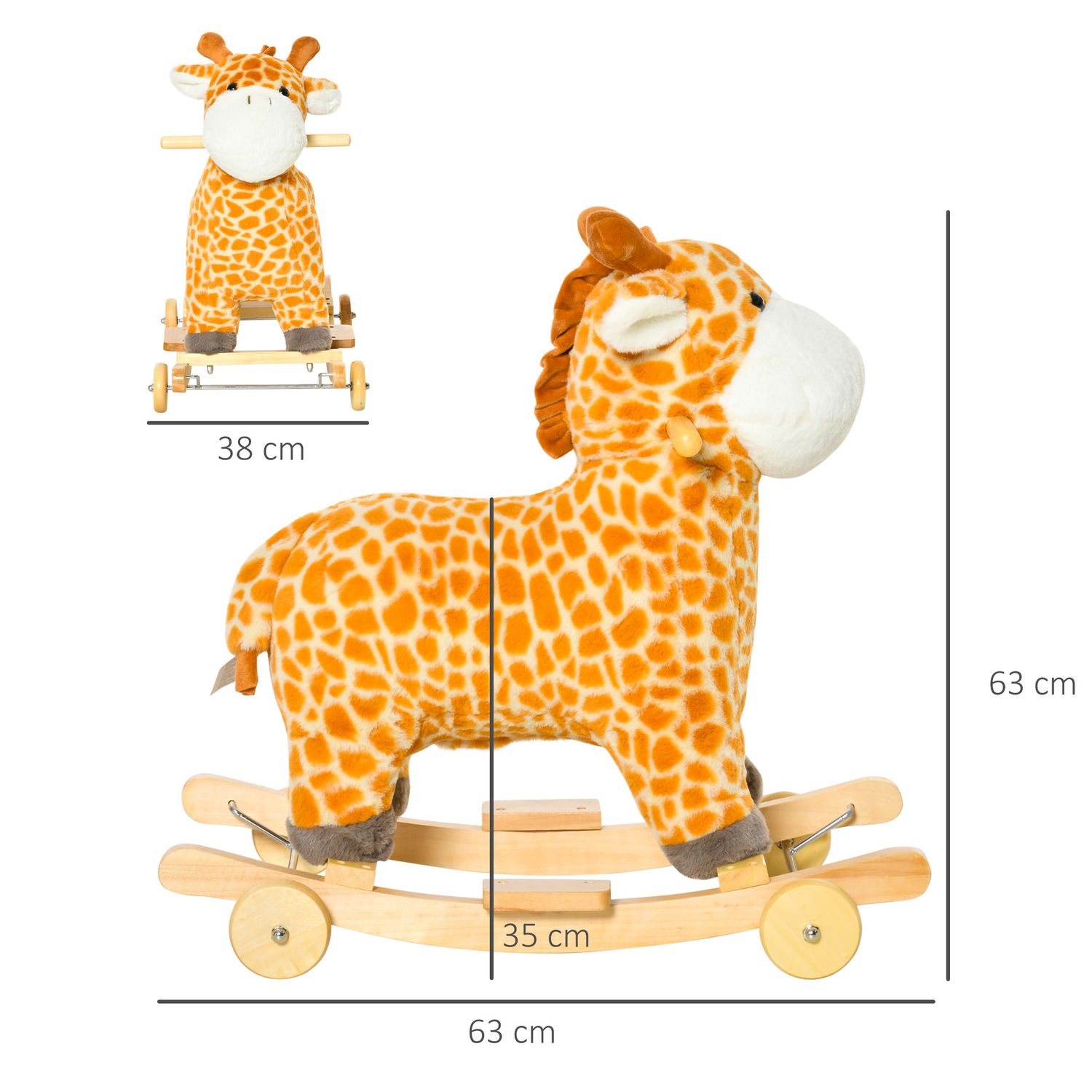 Cavallo a dondolo per bambini 3-6 anni a giraffa con ruote e suoni, 63x38x63cm, giallo - 