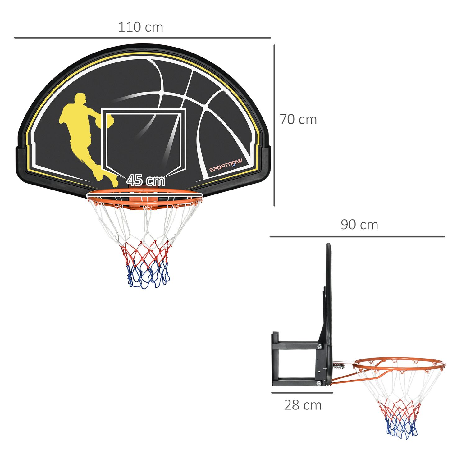 Canestro basket per bambini e adulti da indoor e outdoor in acciaio e pe, 110x90x70 cm, nero e giallo - 