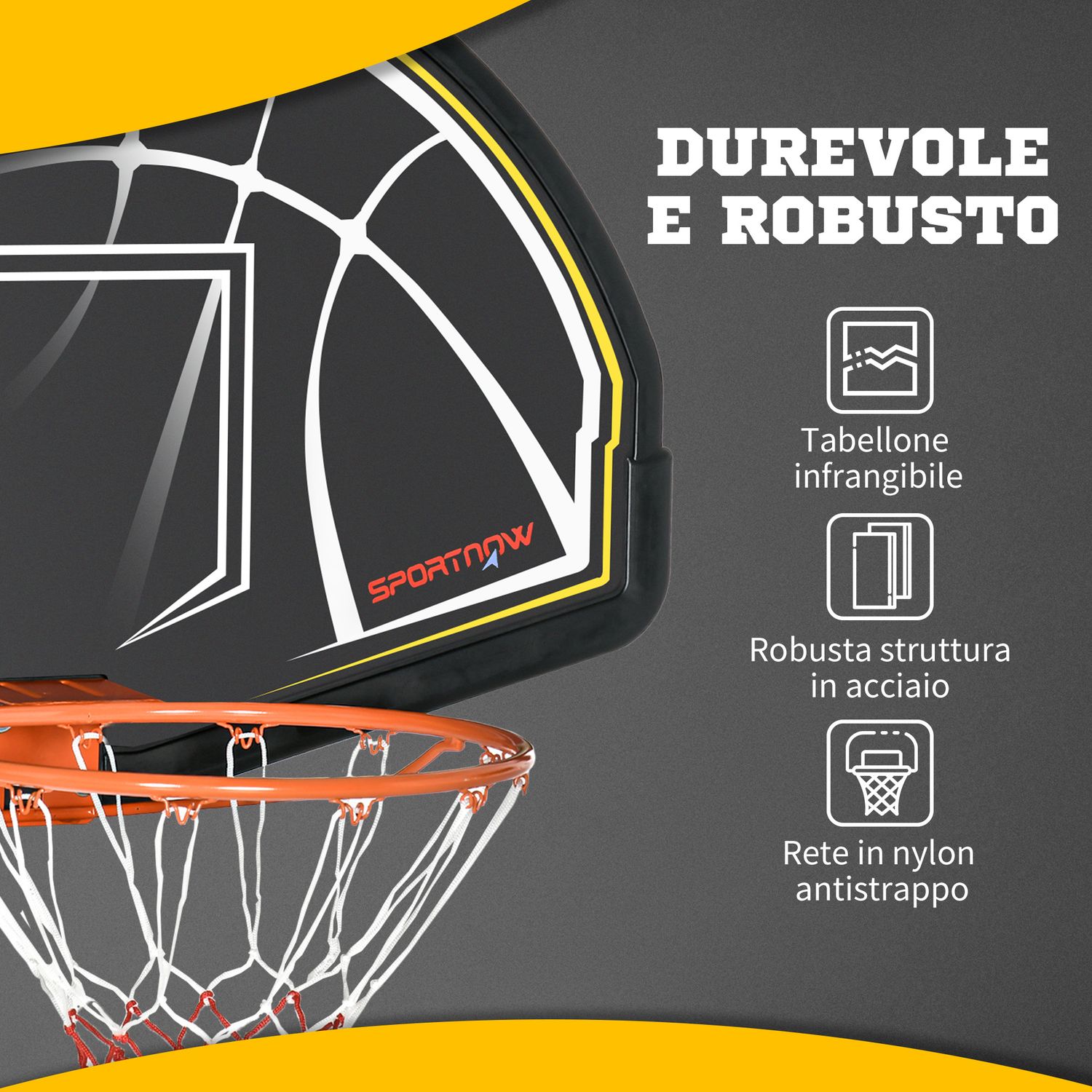 Canestro basket per bambini e adulti da indoor e outdoor in acciaio e pe, 110x90x70 cm, nero e giallo - 