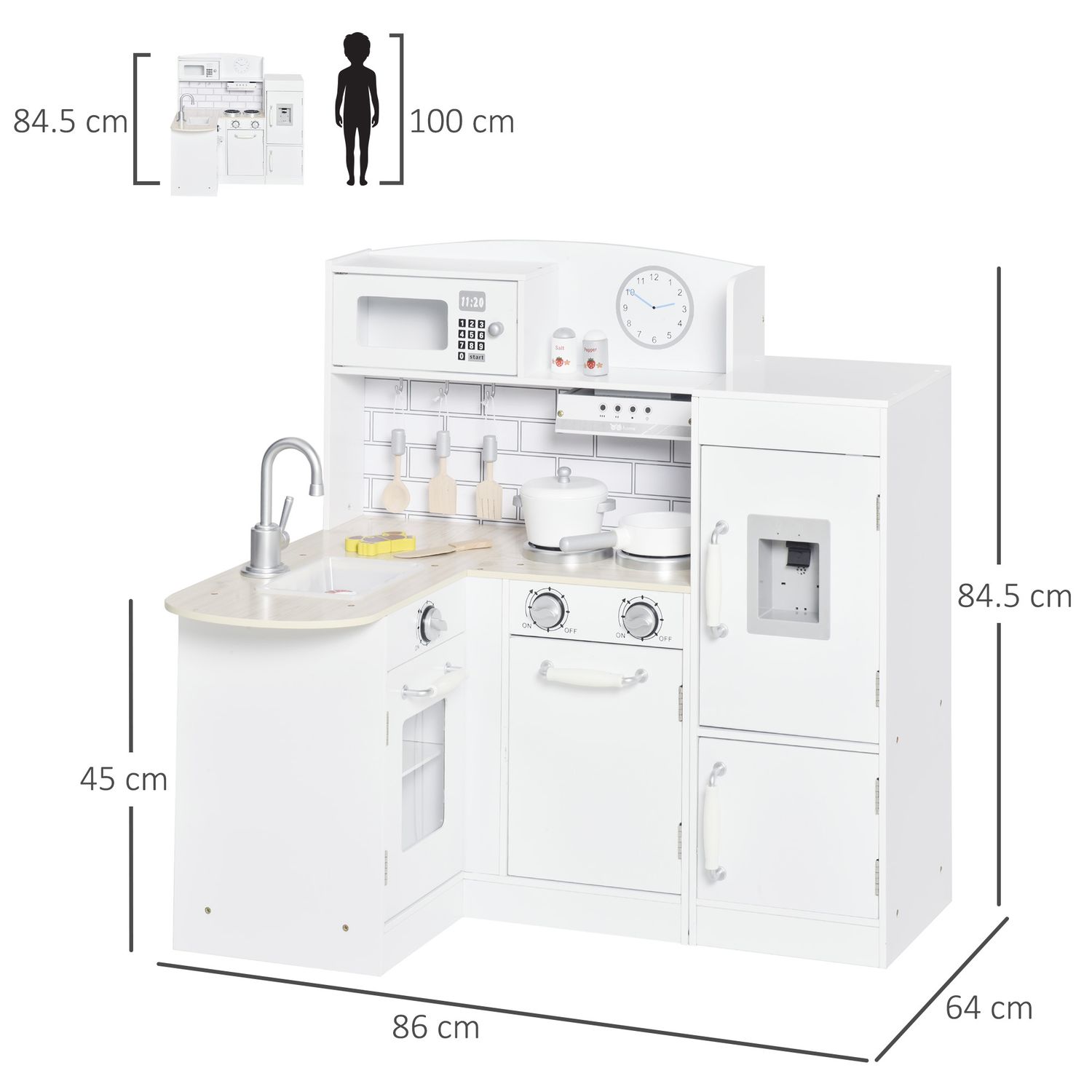 Cucina giocattolo per bambini in legno con 14 accessori, forno, lavandino, frigo e microonde, età 3+ anni, 86x64x84.5cm, bianco e argento - 