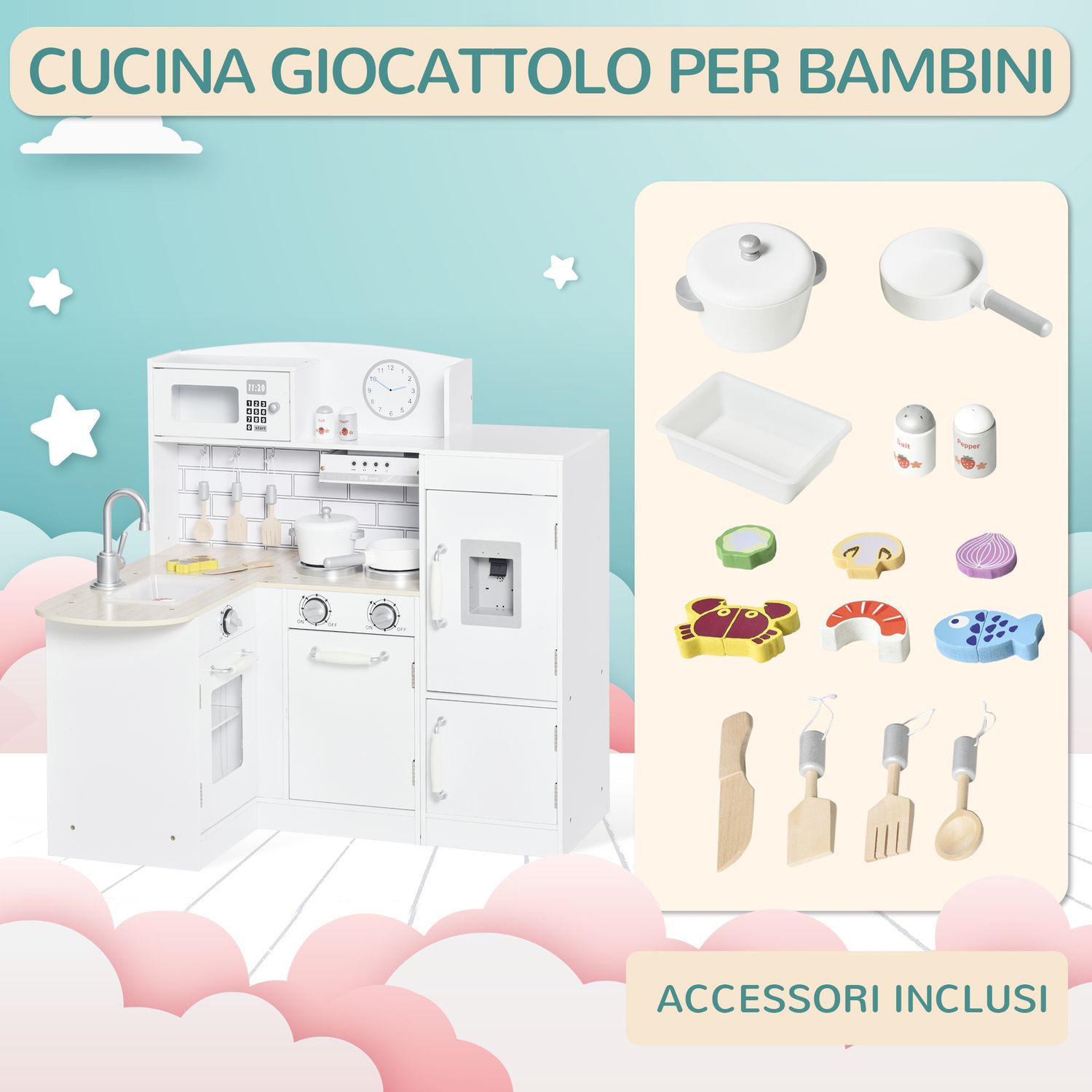 Cucina giocattolo per bambini in legno con 14 accessori, forno, lavandino, frigo e microonde, età 3+ anni, 86x64x84.5cm, bianco e argento - 
