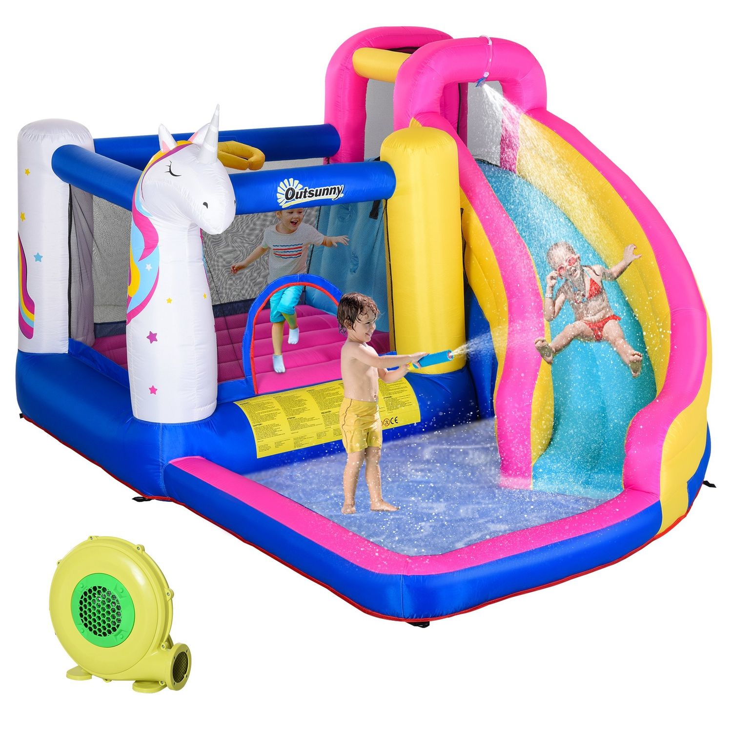 Castello gonfiabile per bambini con scivolo, piscina e canestro da basket, gioco gonfiabile gigante e rimbalzante per 3 bambini, 360x305x210 cm - 
