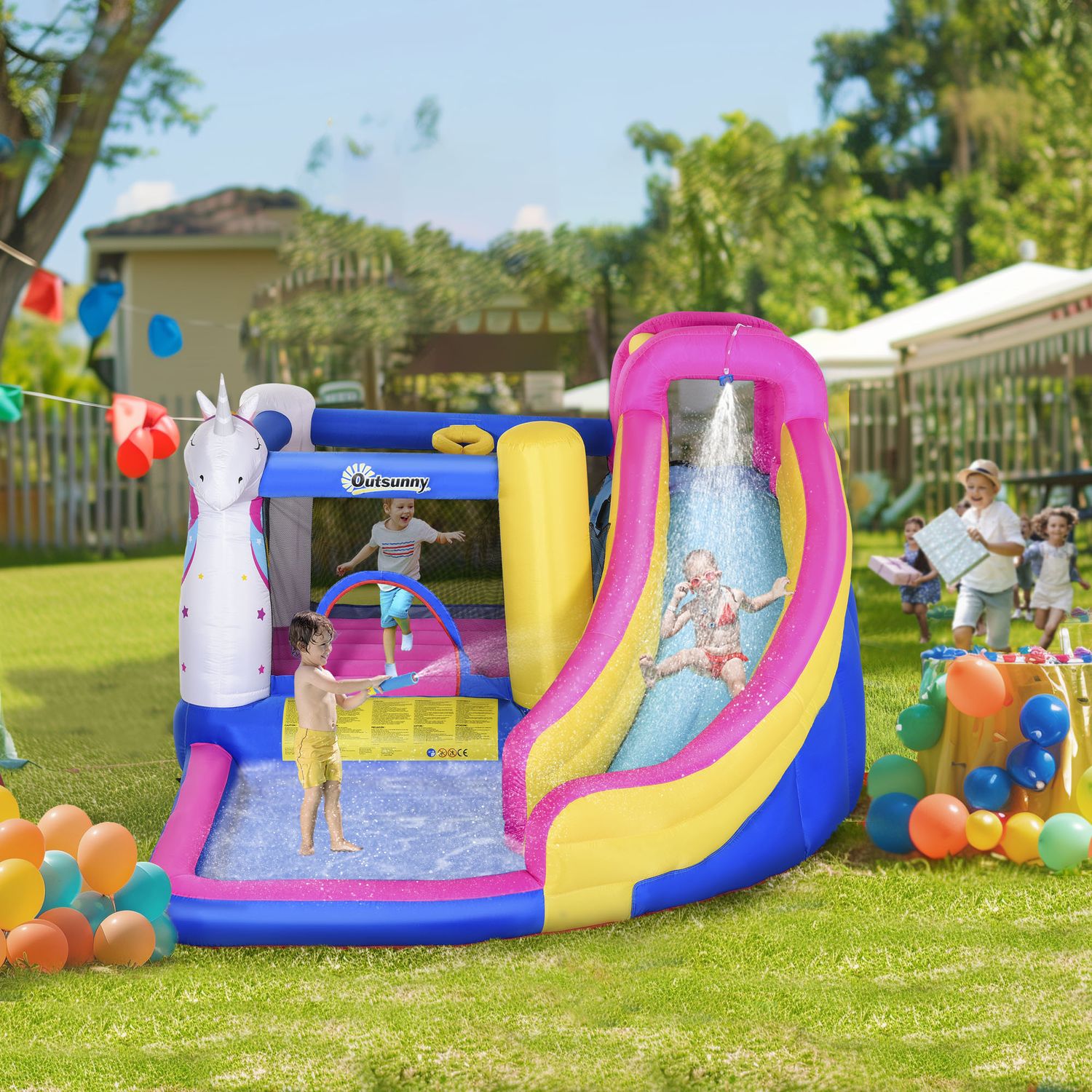 Castello gonfiabile per bambini con scivolo, piscina e canestro da basket, gioco gonfiabile gigante e rimbalzante per 3 bambini, 360x305x210 cm - 