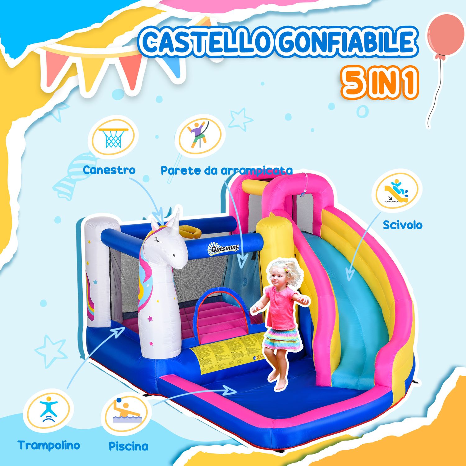 Castello gonfiabile per bambini con scivolo, piscina e canestro da basket, gioco gonfiabile gigante e rimbalzante per 3 bambini, 360x305x210 cm - 