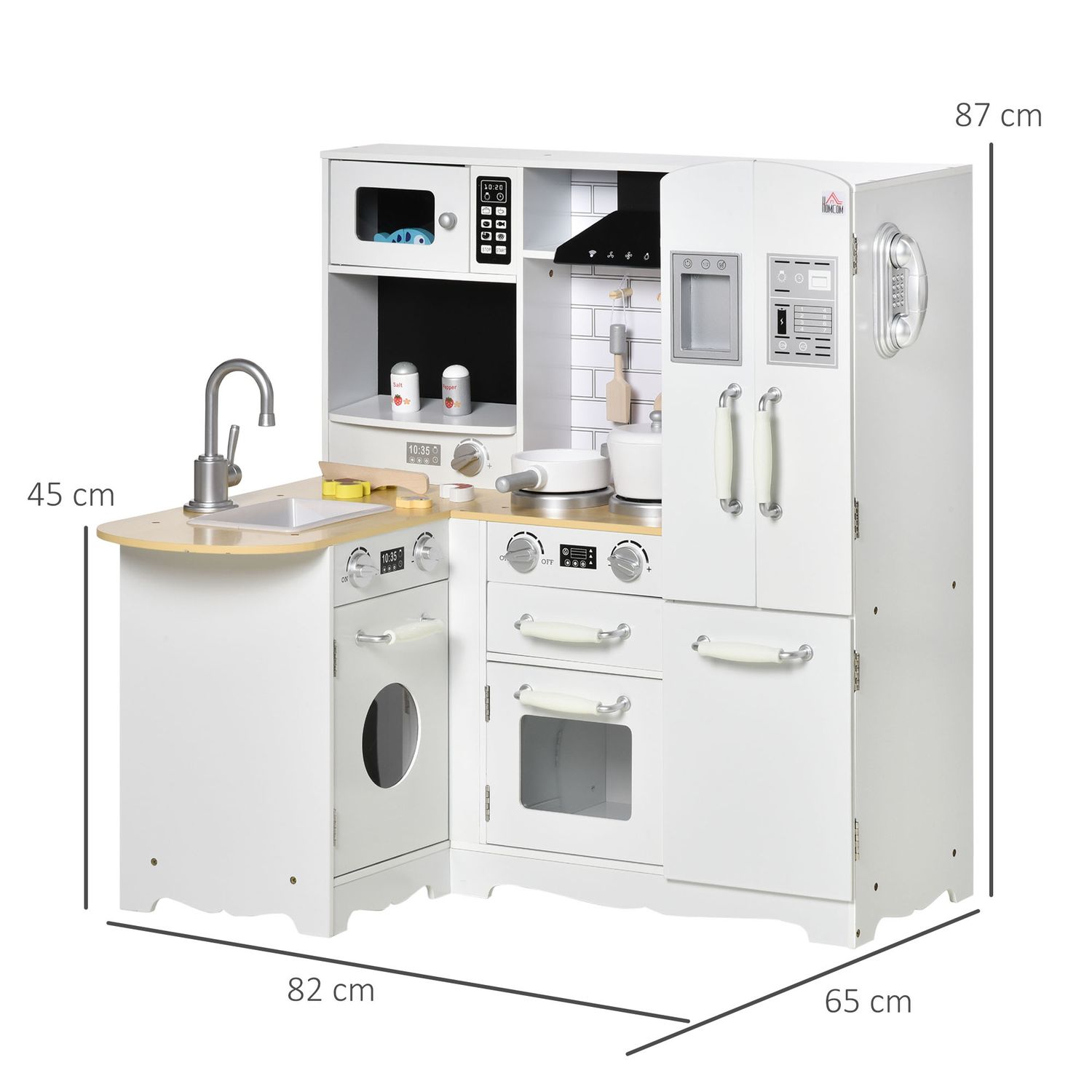 Cucina giocattolo in legno per bambini 3-6 anni con 14 accessori, forno e lavandino, 82x65x87 cm, bianco - 