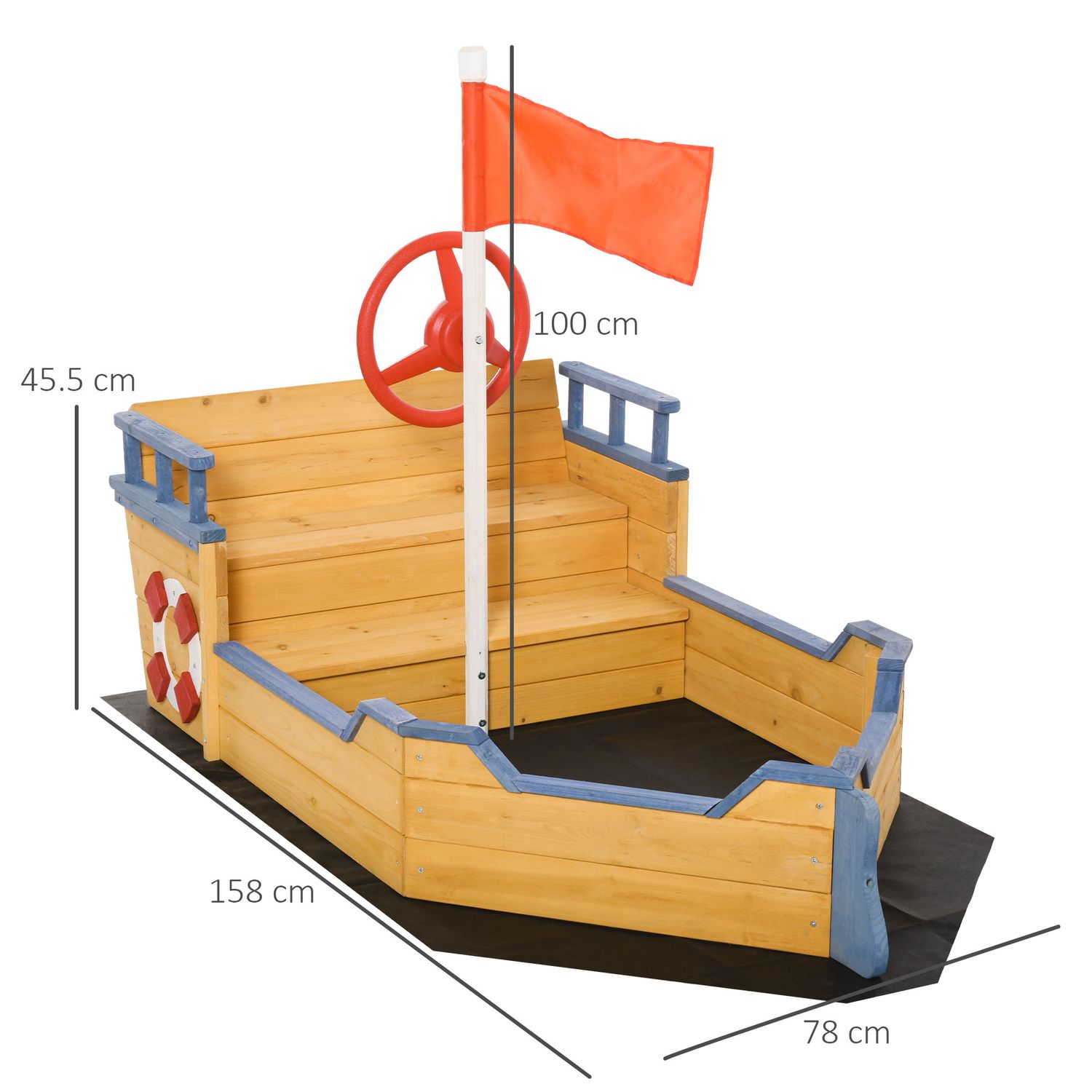 Sabbiera per bambini in legno a forma di nave dei pirati con vano contenitore, 158x78x45.5 cm - 