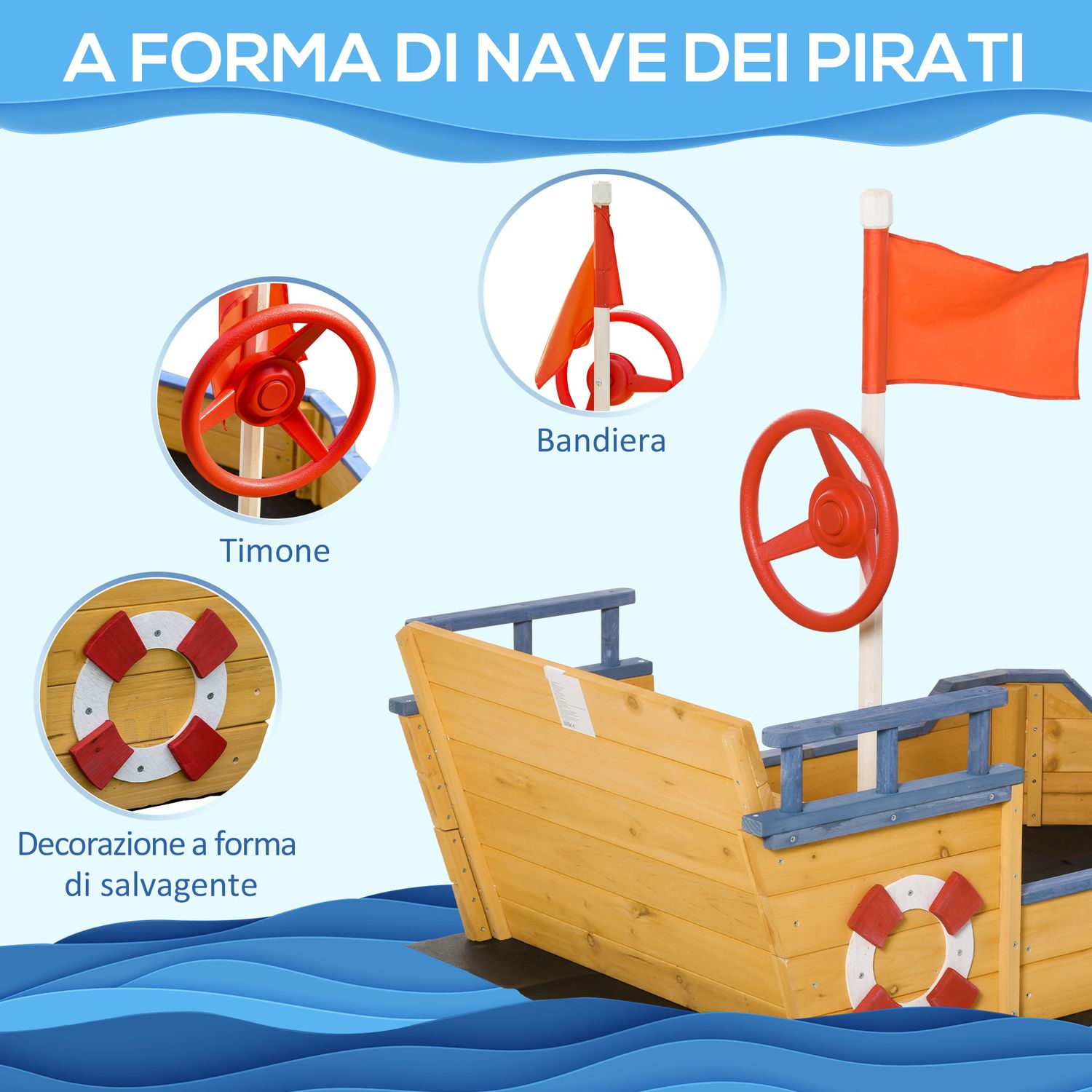 Sabbiera per bambini in legno a forma di nave dei pirati con vano contenitore, 158x78x45.5 cm - 