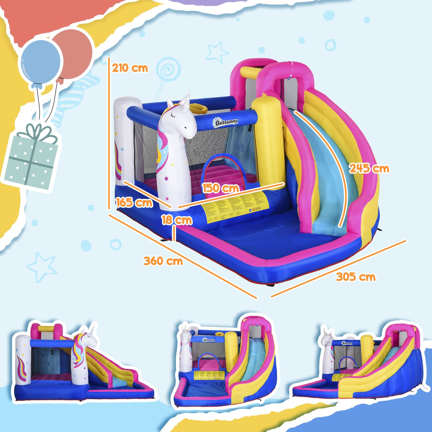 Castello gonfiabile per bambini con scivolo, piscina e canestro da basket, gioco gonfiabile gigante e rimbalzante per 3 bambini, 360x305x210 cm - 