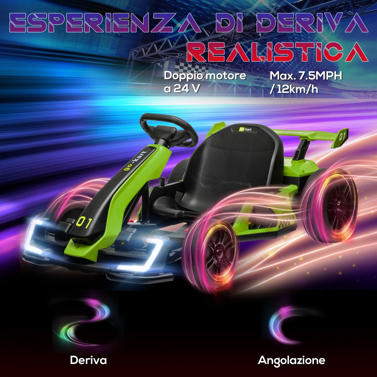 Go kart elettrico per bambini 6-12 anni 24v 12km/h con seggiolino regolabile, verde - 