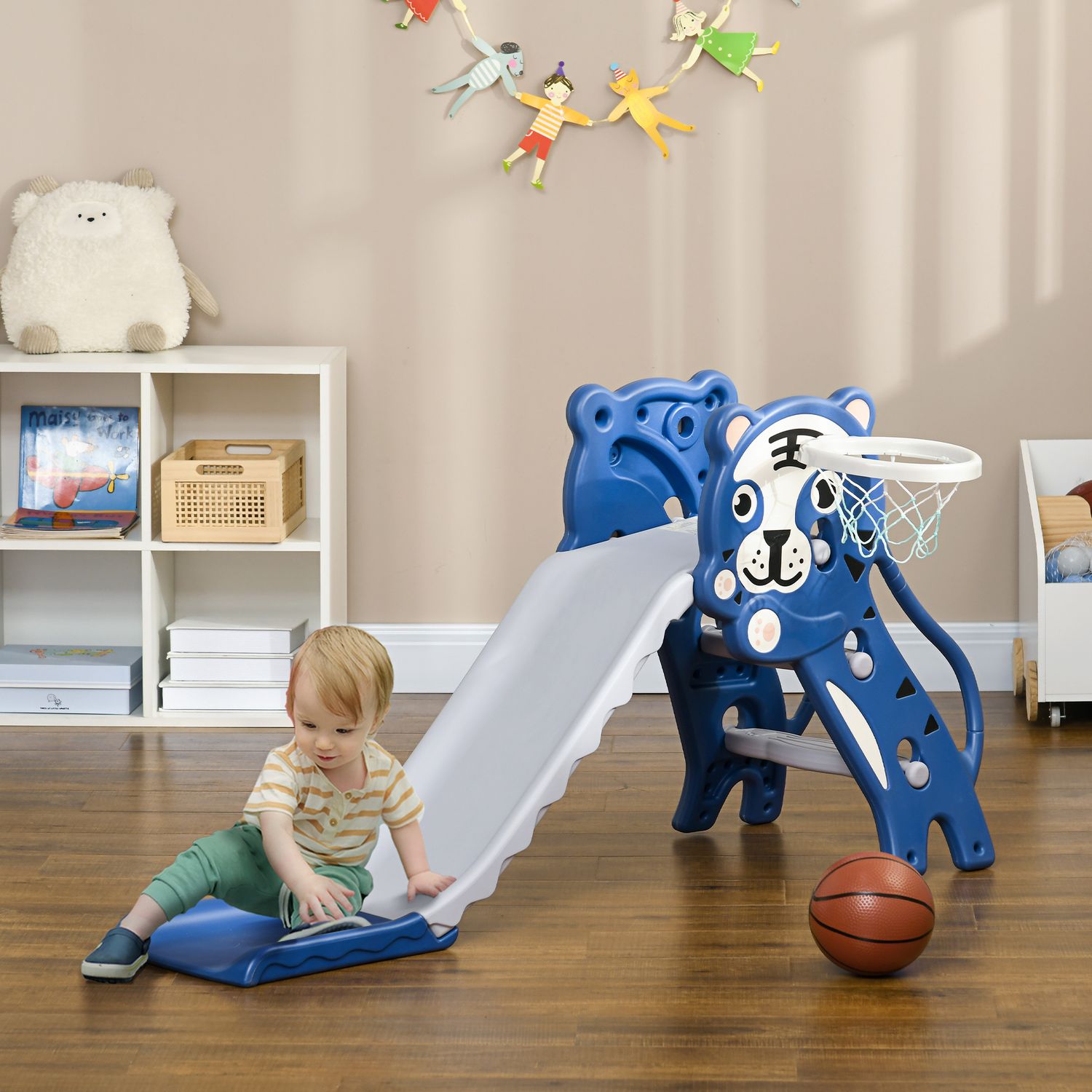 Scivolo per bambini 18-36 mesi con canestro da basket laterale in pe, 133x60x70 cm, blu e grigio - 