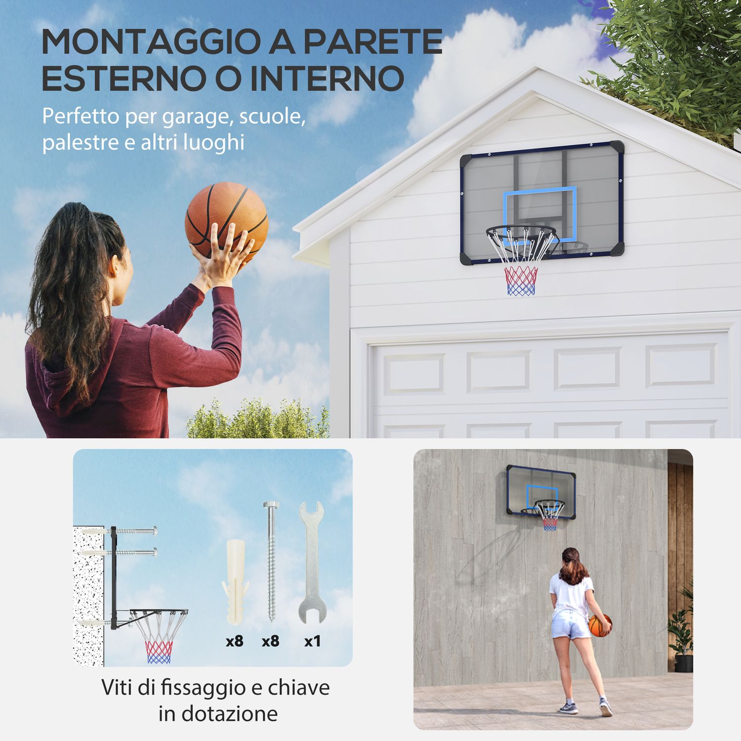 Canestro basket da muro con tabellone infrangibile e cerchio in acciaio, 113x61x73 cm - 