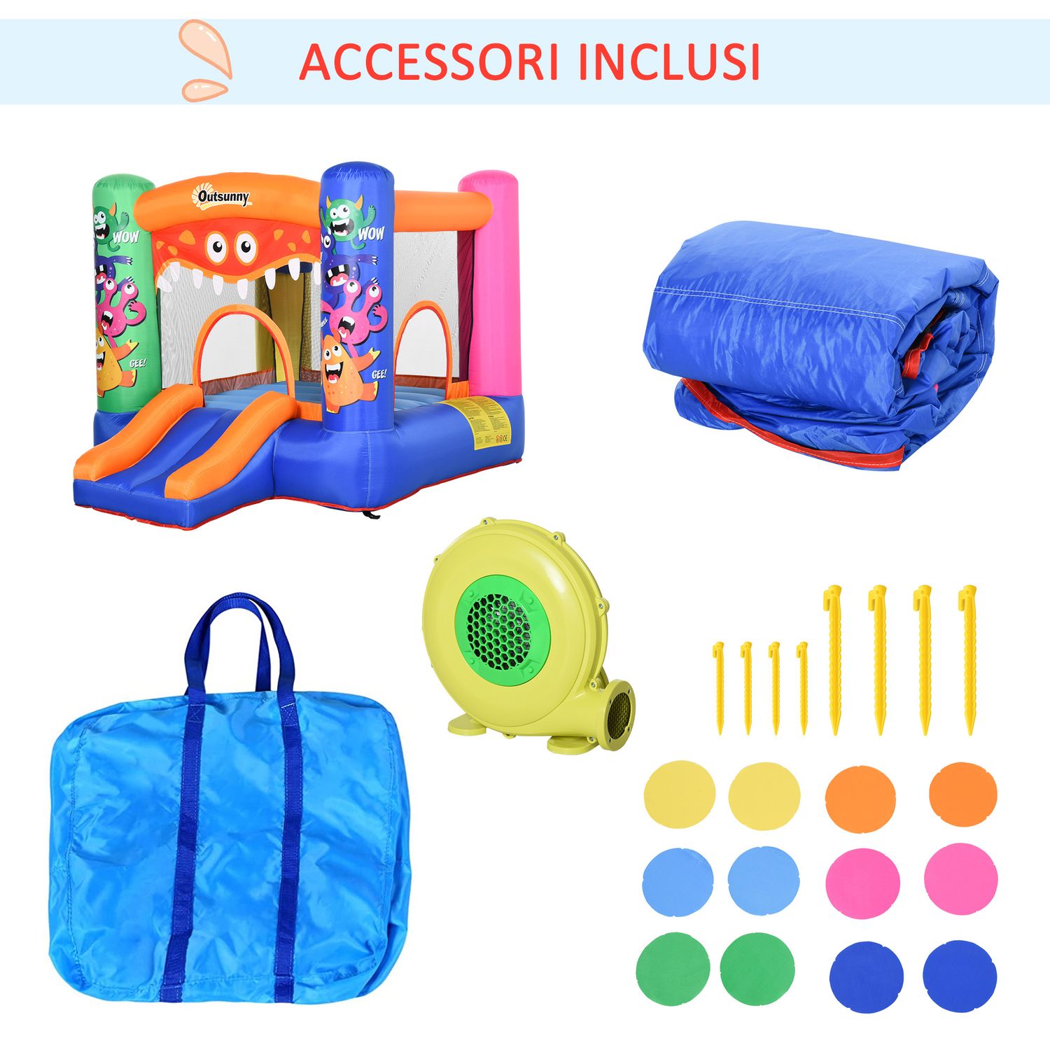 Casa gioco castello gonfiabile gigante per bambini 3-8 anni trampolino rimbalzante colorato con scivolo e canestro 250cmx180cmx175cm - 