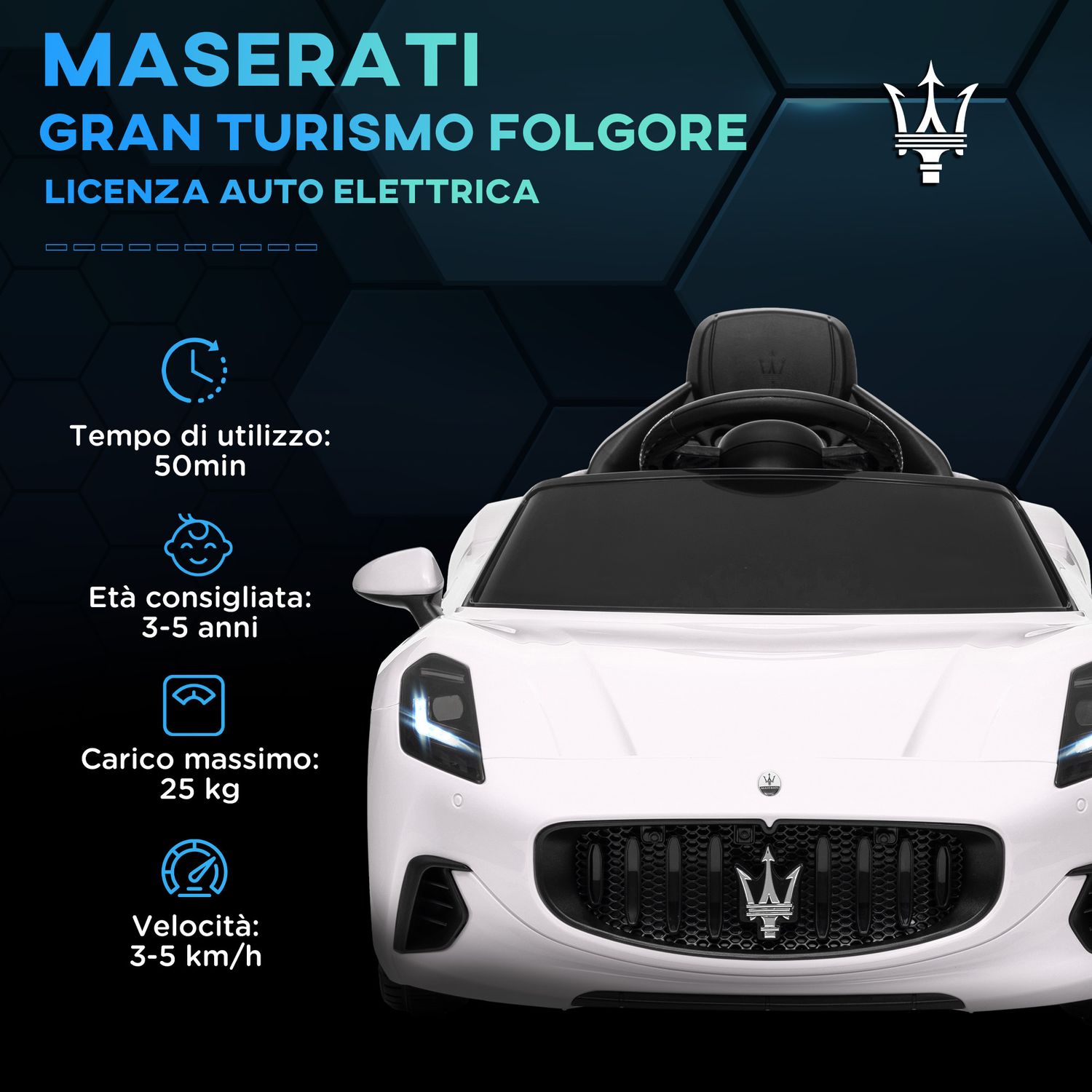 Macchina per bambini 12v maserati gran turismo folgore con telecomando, età 3-5 anni, bianco - 