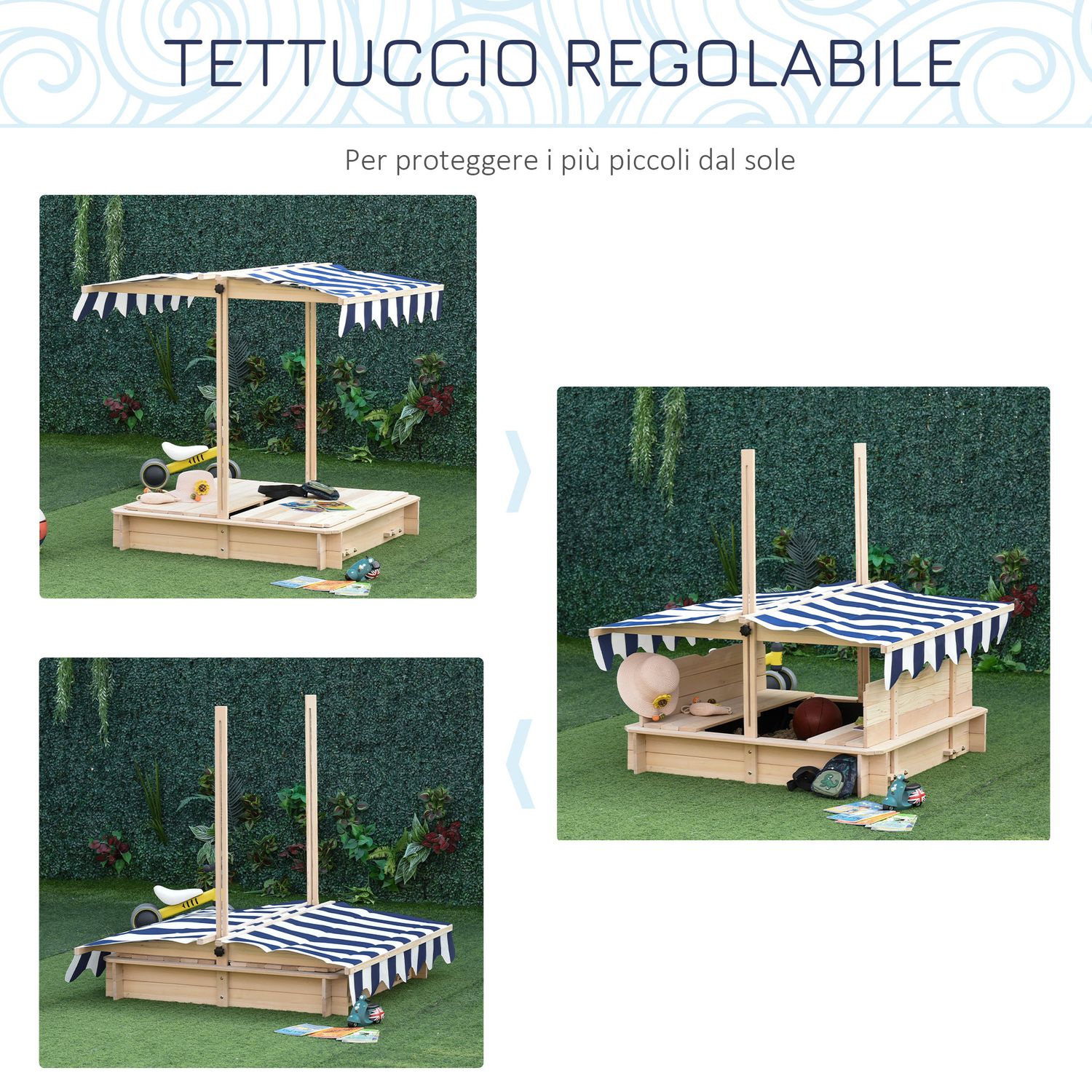 Sabbiera per bambini in legno con tettuccio parasole, panca e coperchio, 106x106x115 cm bianco e blu - 