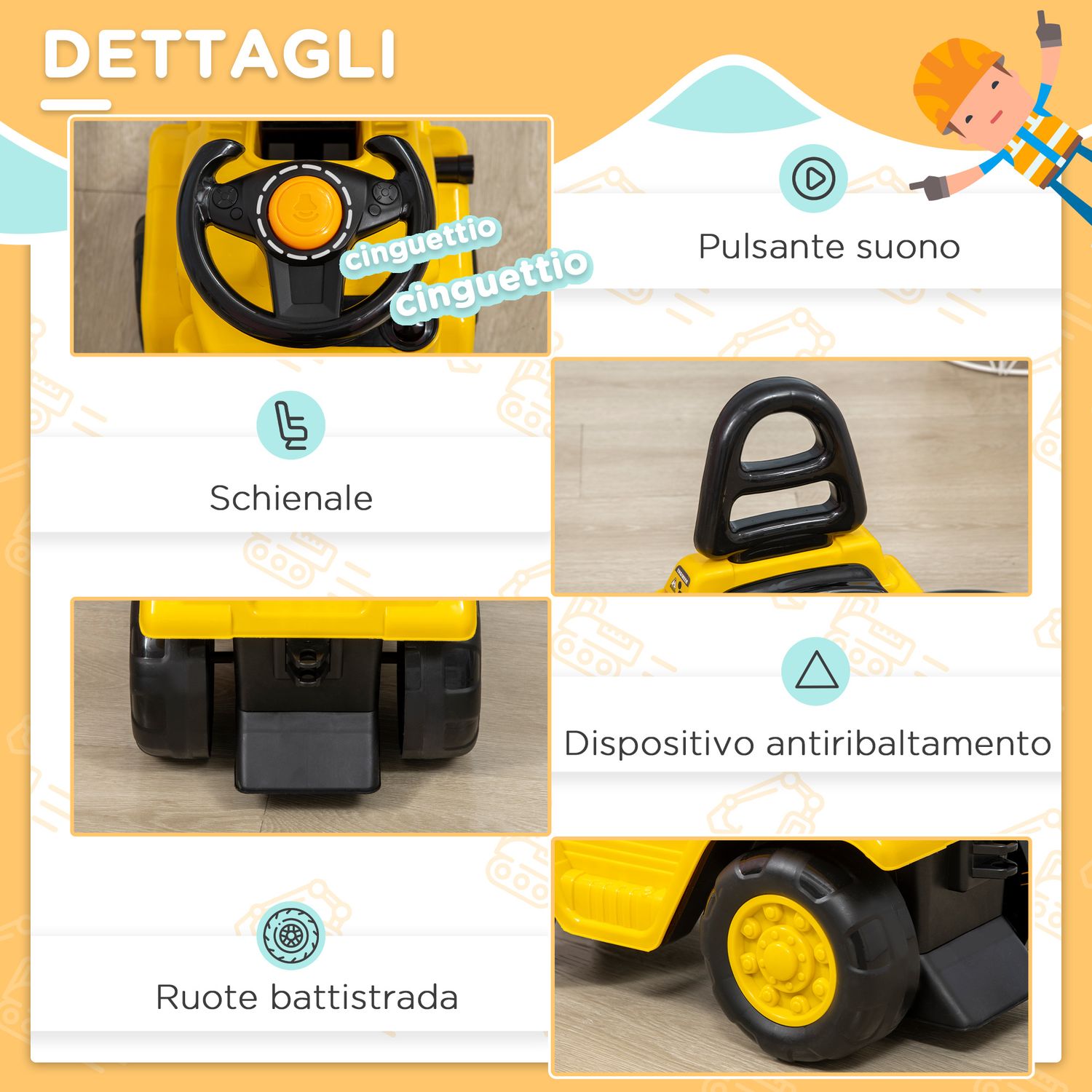 Trattore a pedali per bambini 3-4 anni con muletto e spazio portaoggetti, 86x27.5x47.5 cm, giallo e nero - 