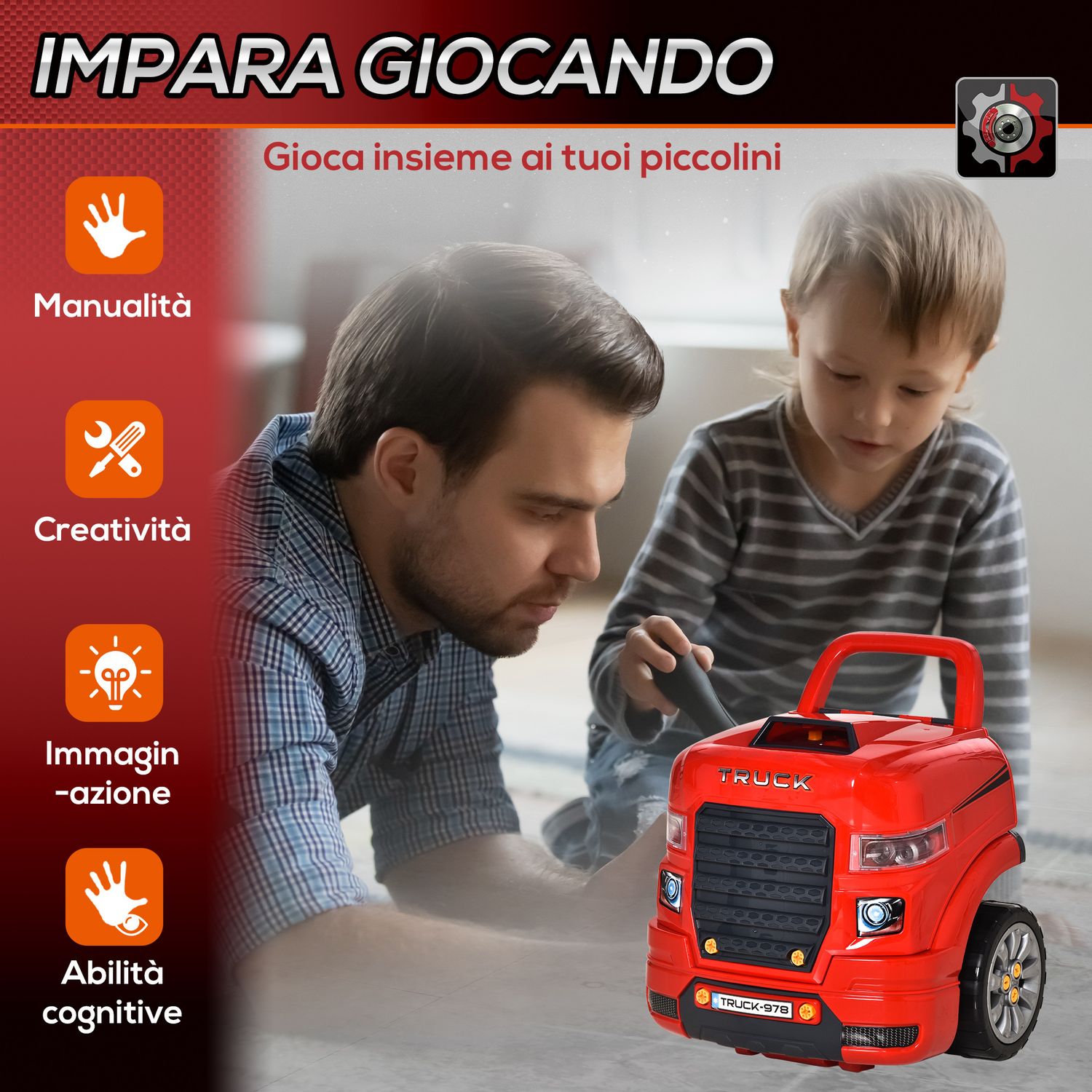 Officina camion giocattolo con motore e 61 accessori per bambini 3-5 anni, ruote e maniglia, 40x39x47cm, rosso - 