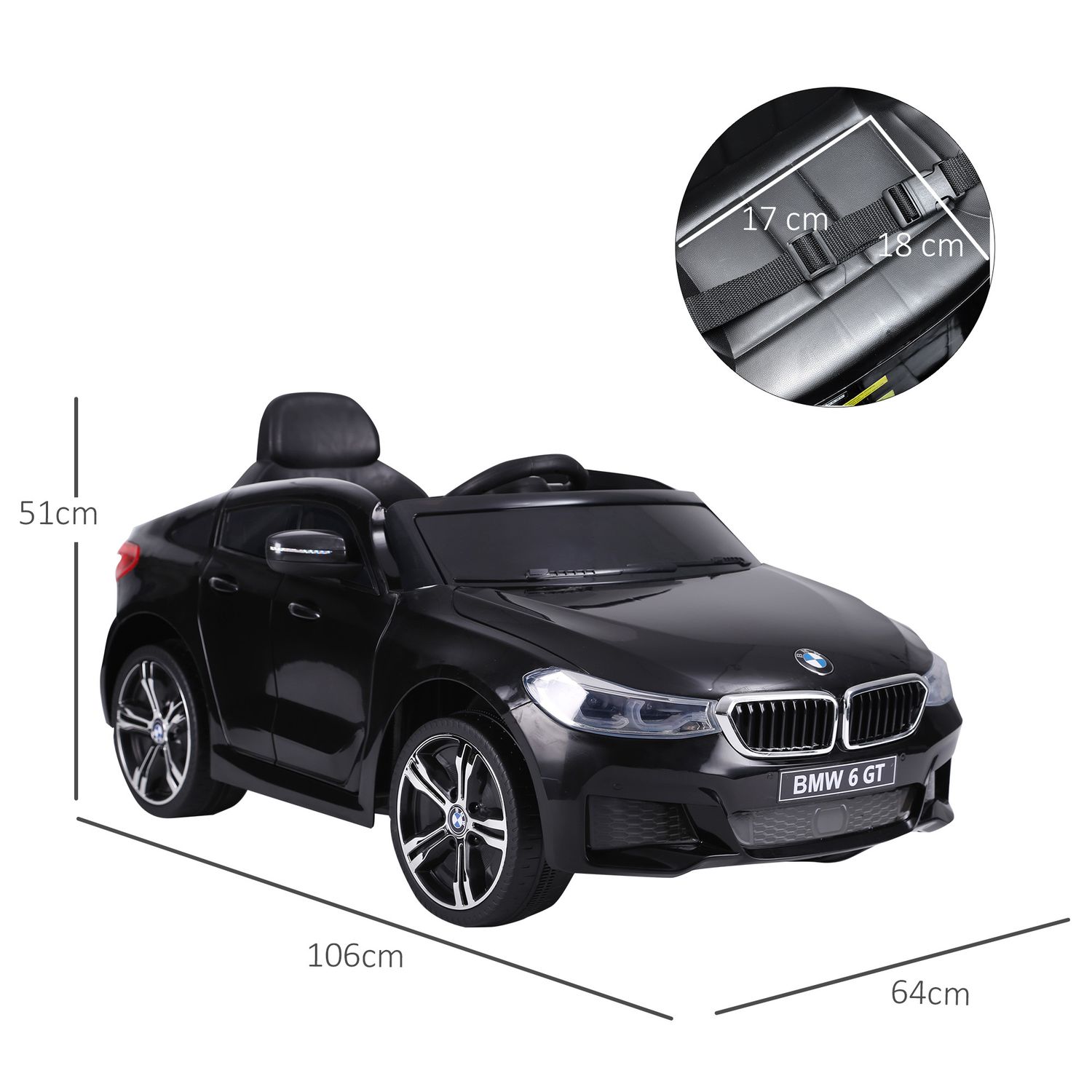 Macchina elettrica per bambini bmw 6gt 6v, macchina telecomandata con musica e fari led, mp3, clacson, 106 x 64 x 51 cm, nero - 