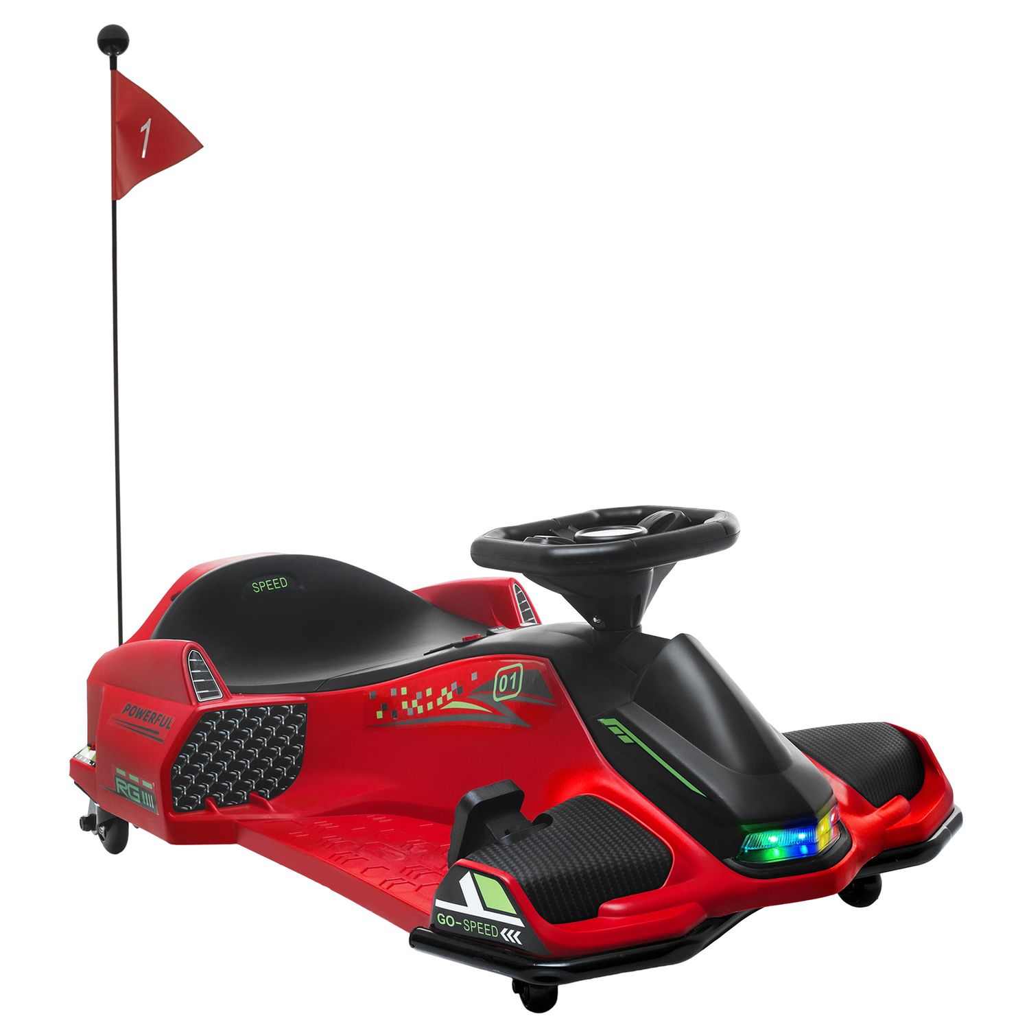 Go kart elettrico per bambini 8-12 anni velocità 3-8 km/h per drifting con luci e musica, rosso - 