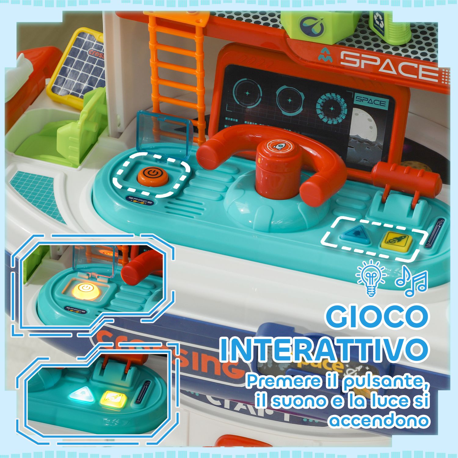 Banco da lavoro giocattolo da 21 pezzi a tema spaziale con suoni e luci, in pp e gpps, 45.5x24x52.5 cm - 