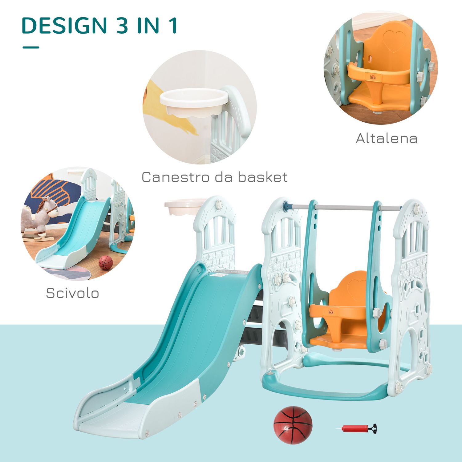 Scivolo 3 in 1 per bambini con altalena regolabile, canestro e palle per cameretta e giardino, 149x186x98cm, blu e arancione - 