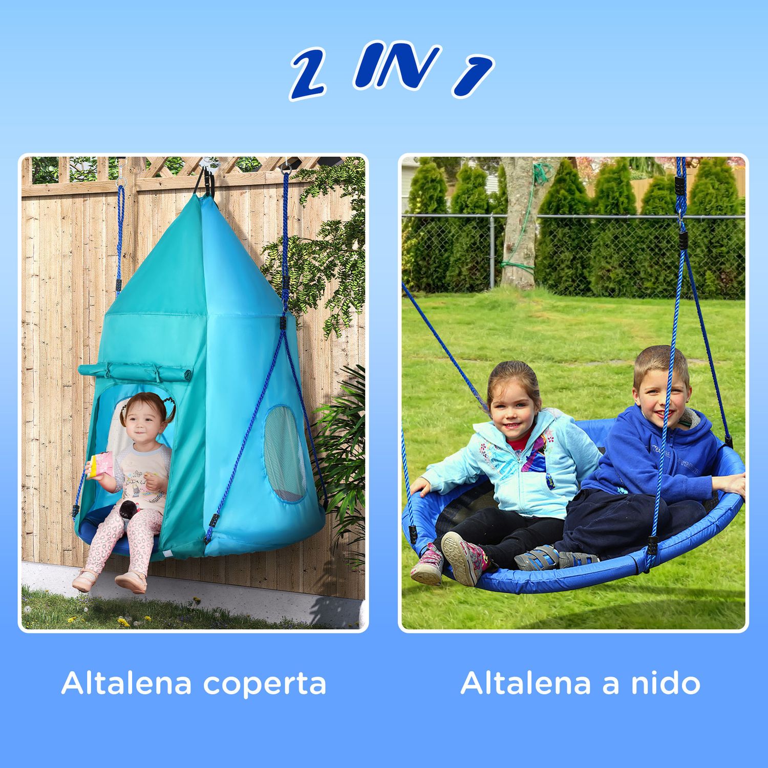Altalena da giardino con tenda per bambini da 3-8 anni, ø100cm e corde regolabili, blu - 