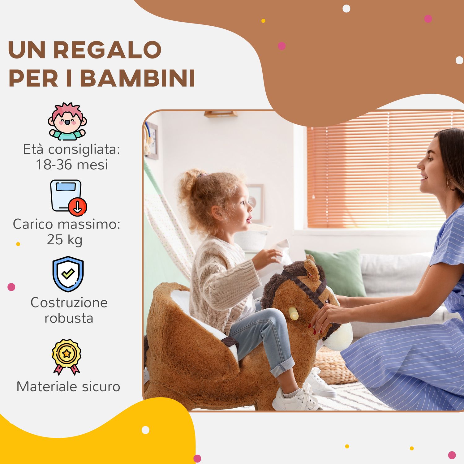 Cavallo a dondolo per bambini 18-36 mesi con suoni, base in legno e cintura di sicurezza, marrone - 