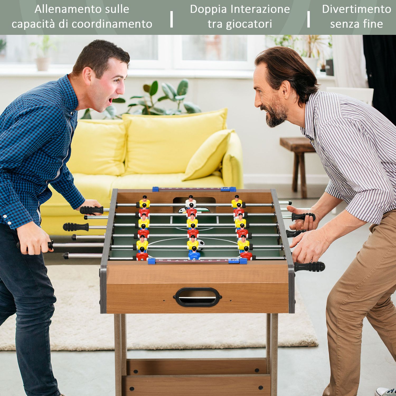 Calcio balilla pieghevole in legno con 6 aste, 18 giocatori e segnapunti, 69x37x70cm - 