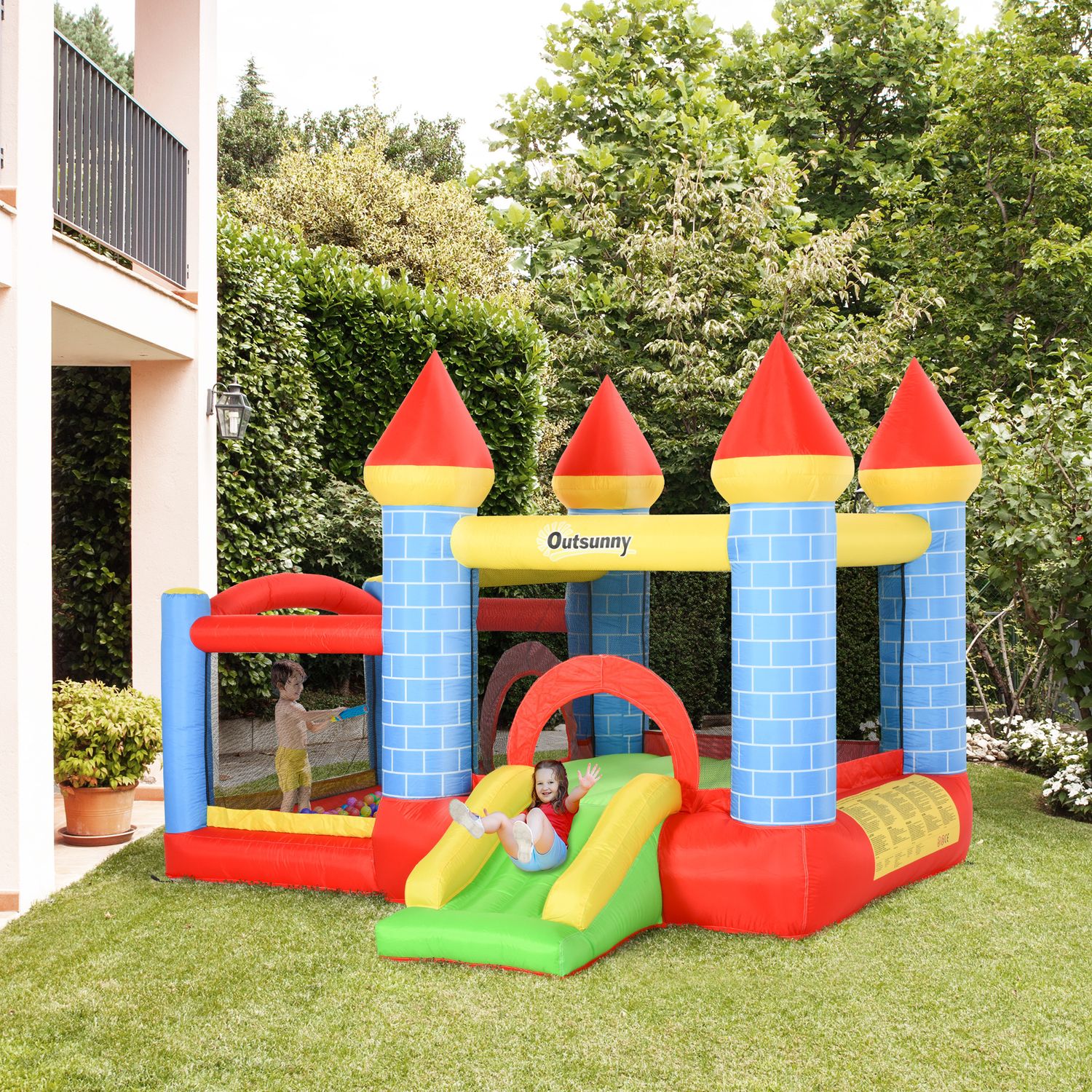 Castello gonfiabile gigante e rimbalzante per bambini 3-8 anni con scivolo, piscina e canestro, 280cmx260cmx210cm - 
