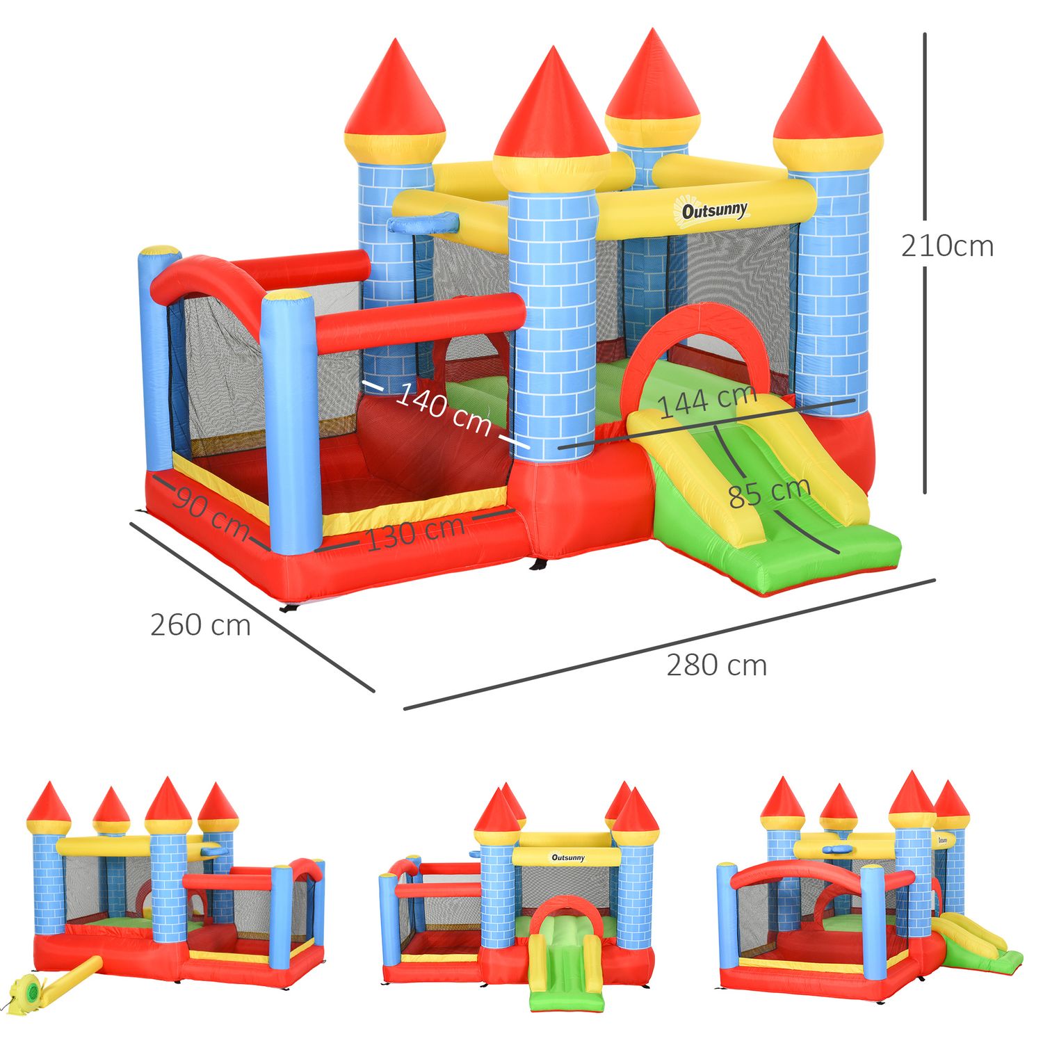 Castello gonfiabile gigante e rimbalzante per bambini 3-8 anni con scivolo, piscina e canestro, 280cmx260cmx210cm - 