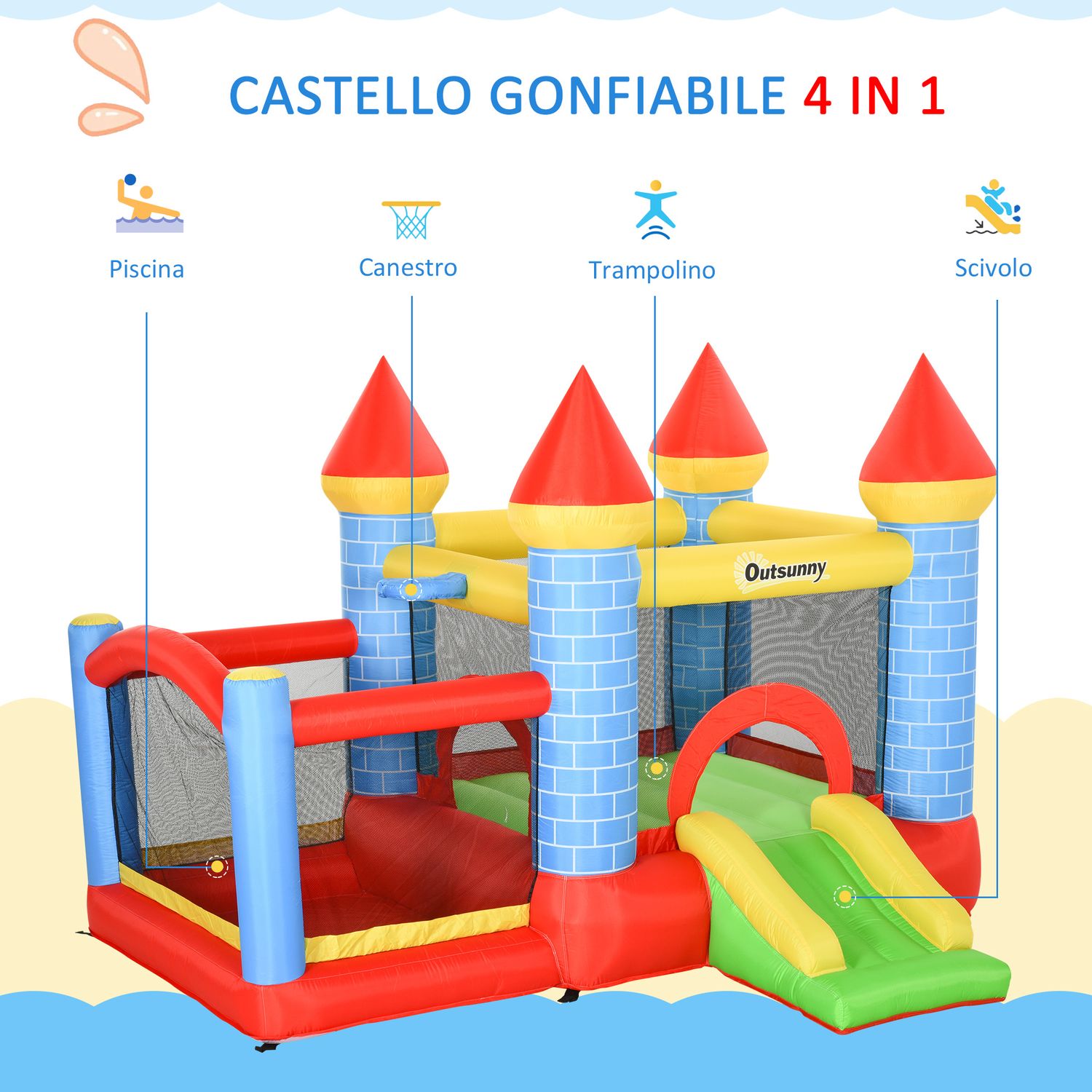 Castello gonfiabile gigante e rimbalzante per bambini 3-8 anni con scivolo, piscina e canestro, 280cmx260cmx210cm - 