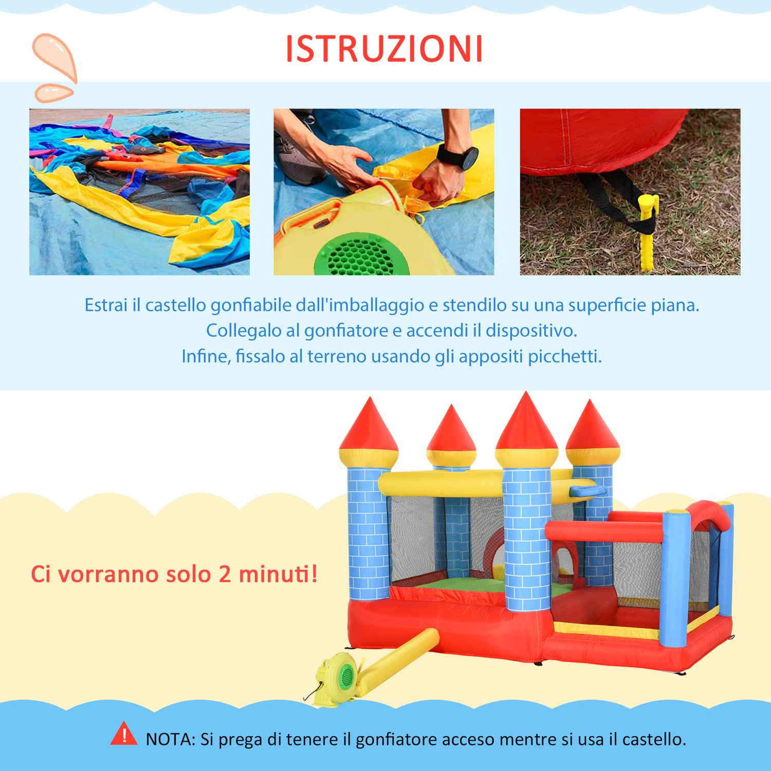 Castello gonfiabile gigante e rimbalzante per bambini 3-8 anni con scivolo, piscina e canestro, 280cmx260cmx210cm - 