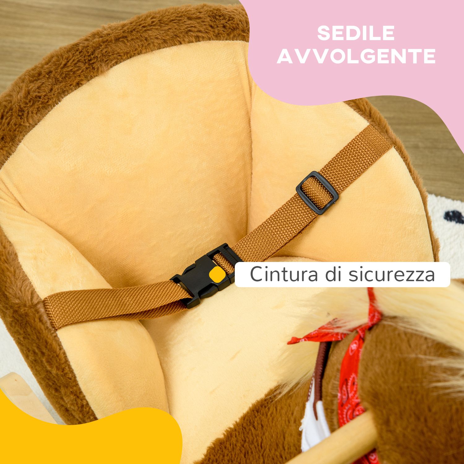 Cavallo a dondolo per bambini da 18-36 mesi con suoni realistici, 60x33x50 cm, marrone e color legno - 