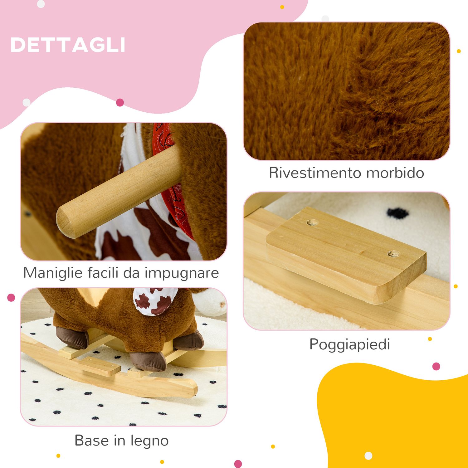 Cavallo a dondolo per bambini da 18-36 mesi con suoni realistici, 60x33x50 cm, marrone e color legno - 