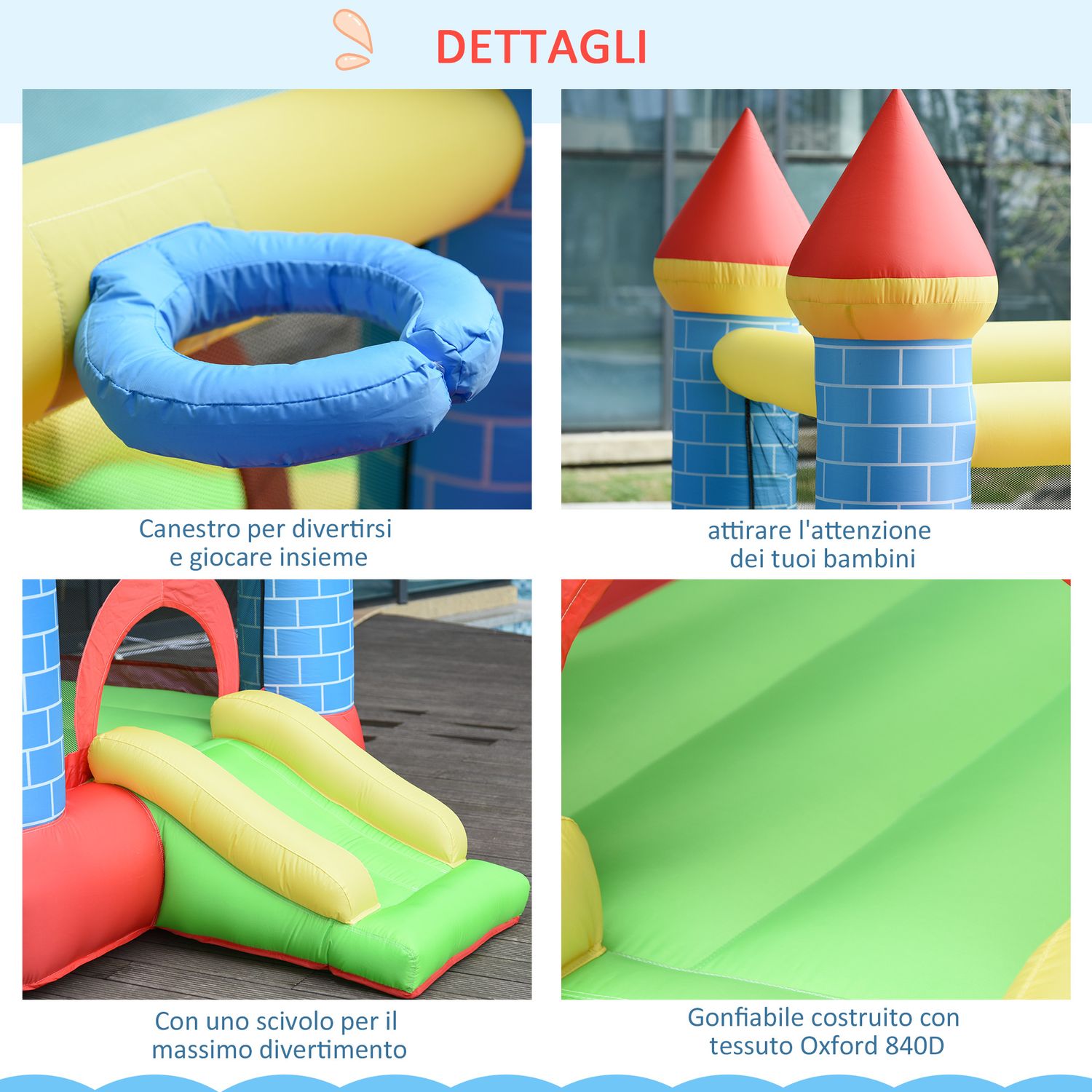 Castello gonfiabile gigante e rimbalzante per bambini 3-8 anni con scivolo, piscina e canestro, 280cmx260cmx210cm - 