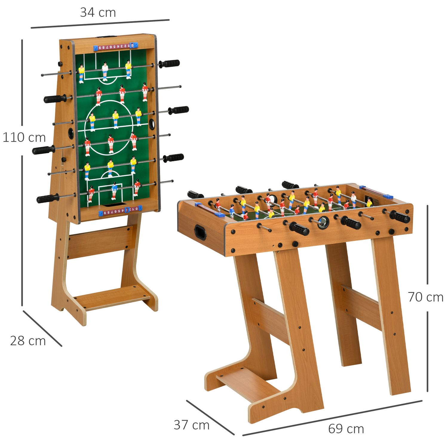 Calcio balilla pieghevole in legno con 6 aste, 18 giocatori e segnapunti, 69x37x70cm - 