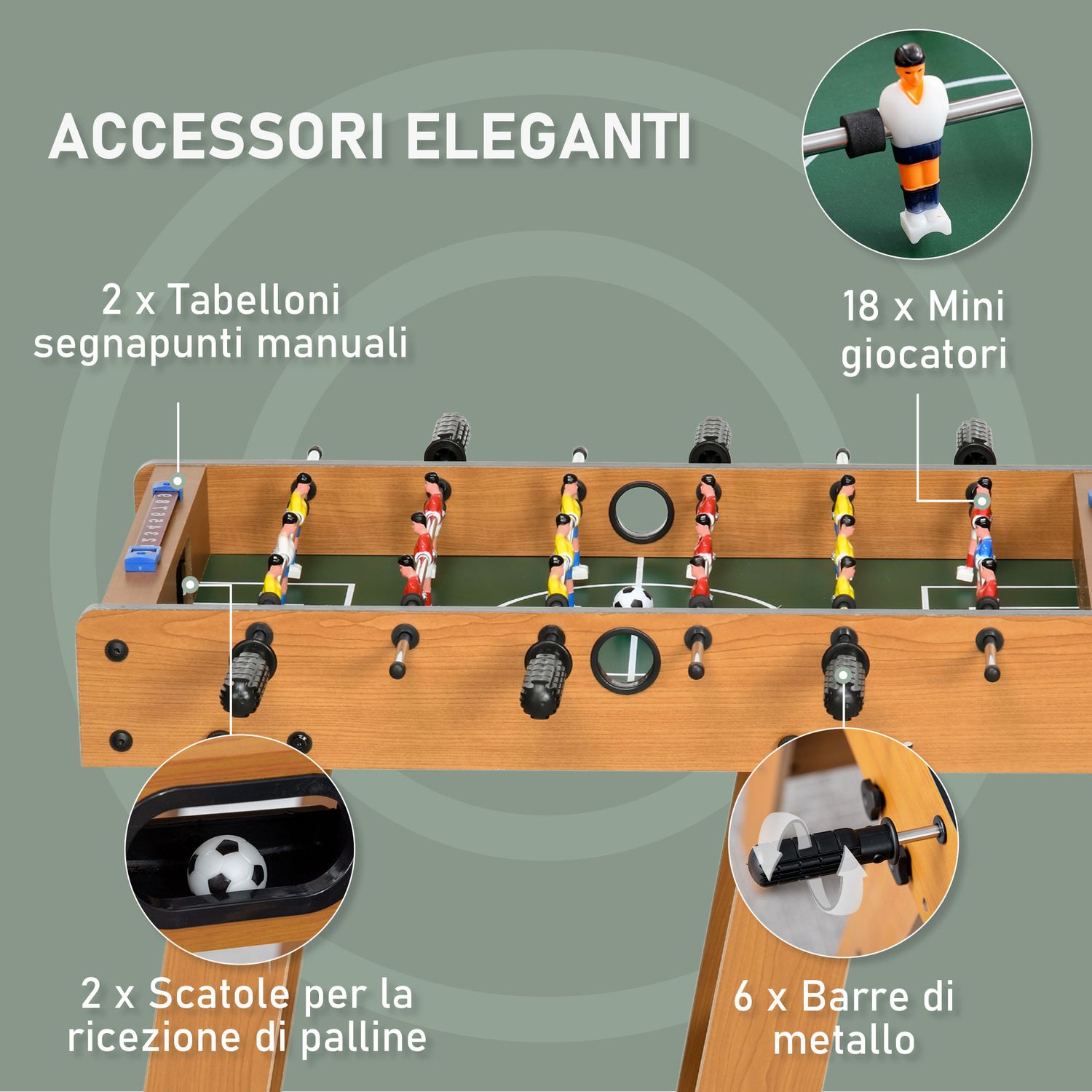 Calcio balilla pieghevole in legno con 6 aste, 18 giocatori e segnapunti, 69x37x70cm - 