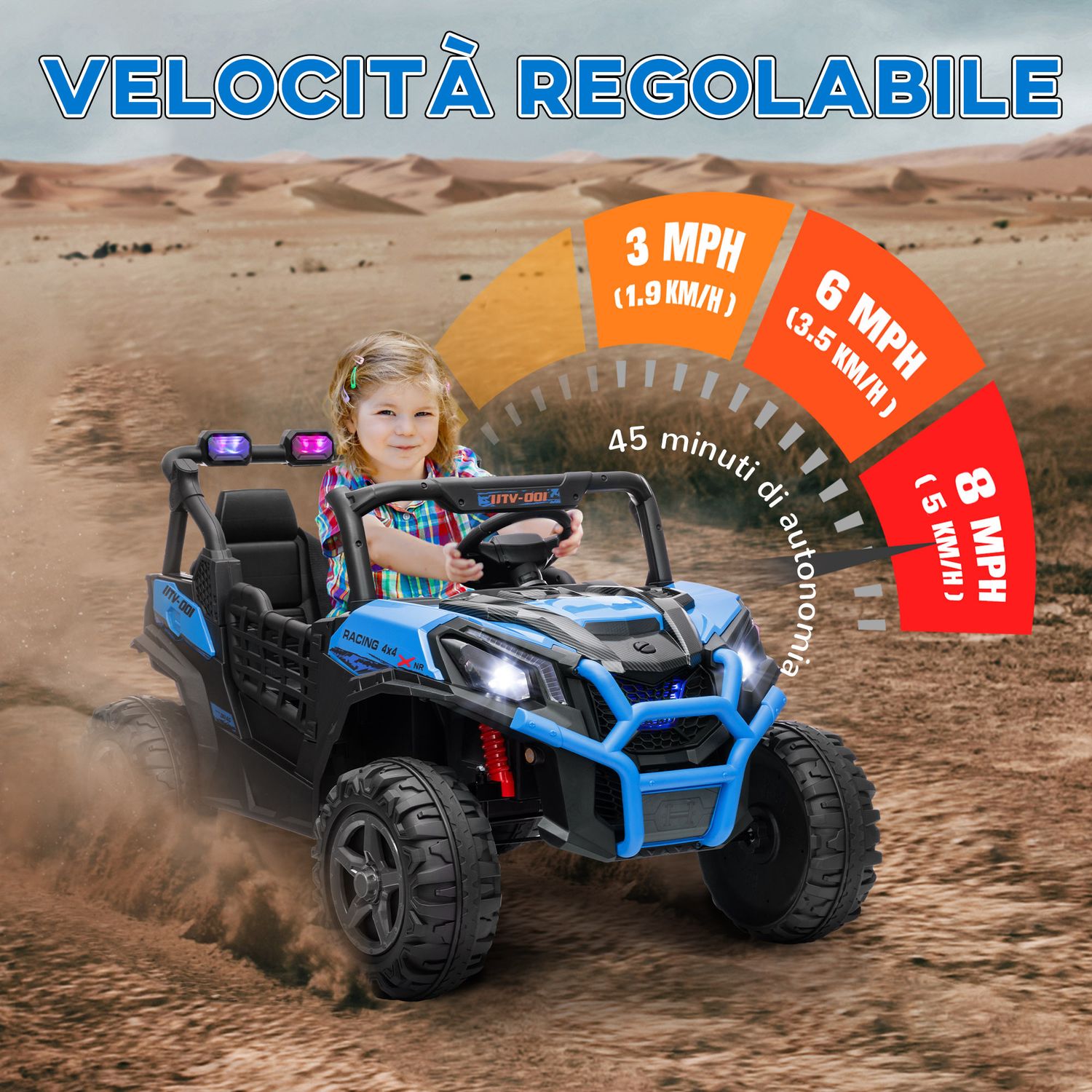 Macchina elettrica per bambini 24v a 2 posti con telecomando e 3 velocità, età 3-8 anni, blu - 