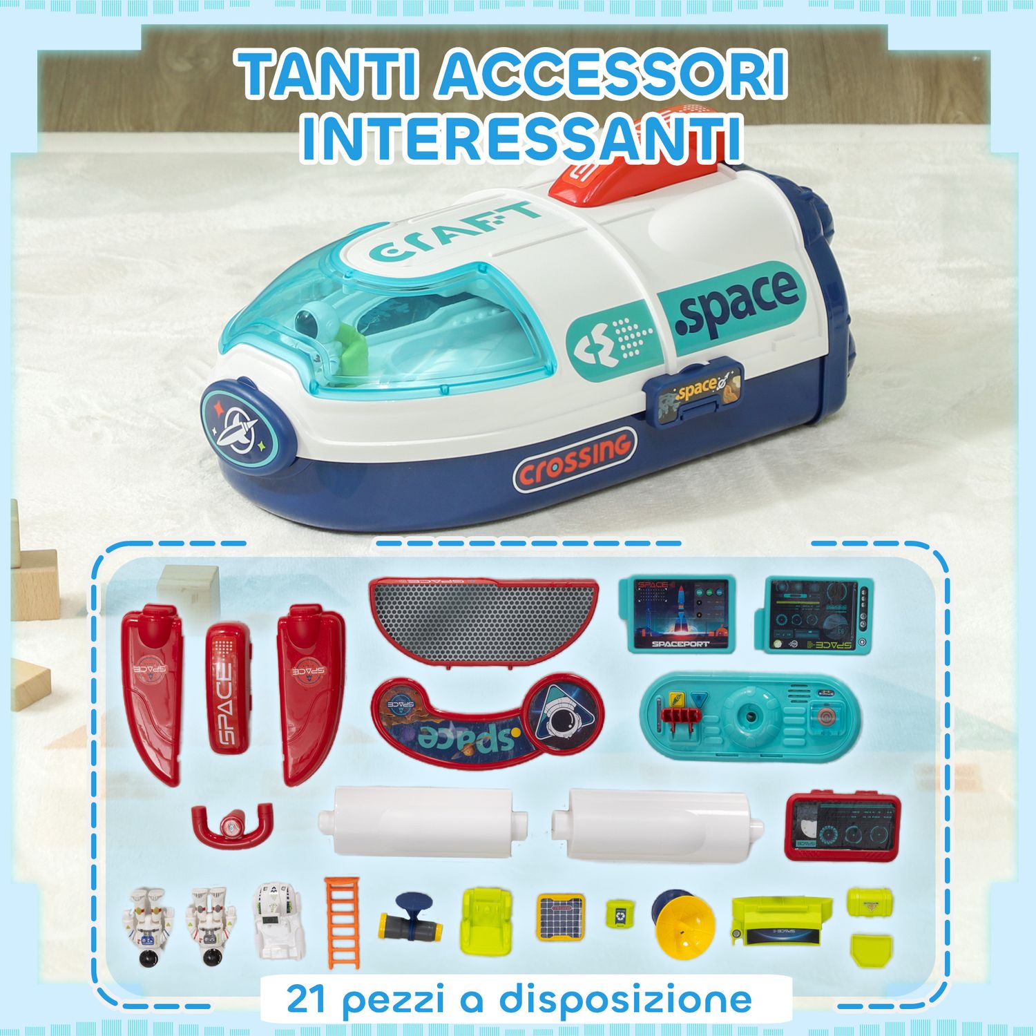 Banco da lavoro giocattolo da 21 pezzi a tema spaziale con suoni e luci, in pp e gpps, 45.5x24x52.5 cm - 